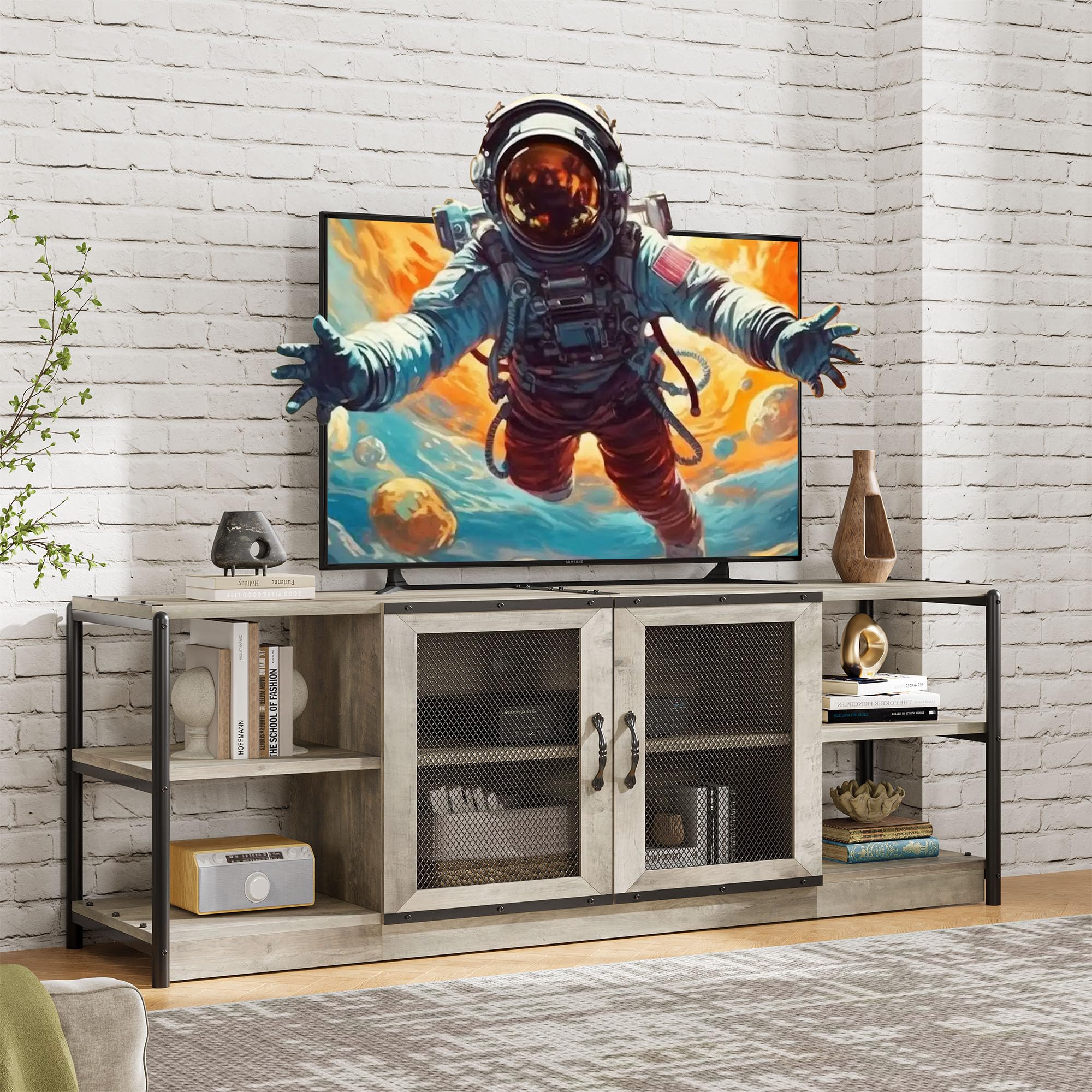 Assile 70.9 in W x 15.7 in D x 24.8 in H Gray Slatted TV Stand PB Freestanding TV Console Cabinet for Living Room