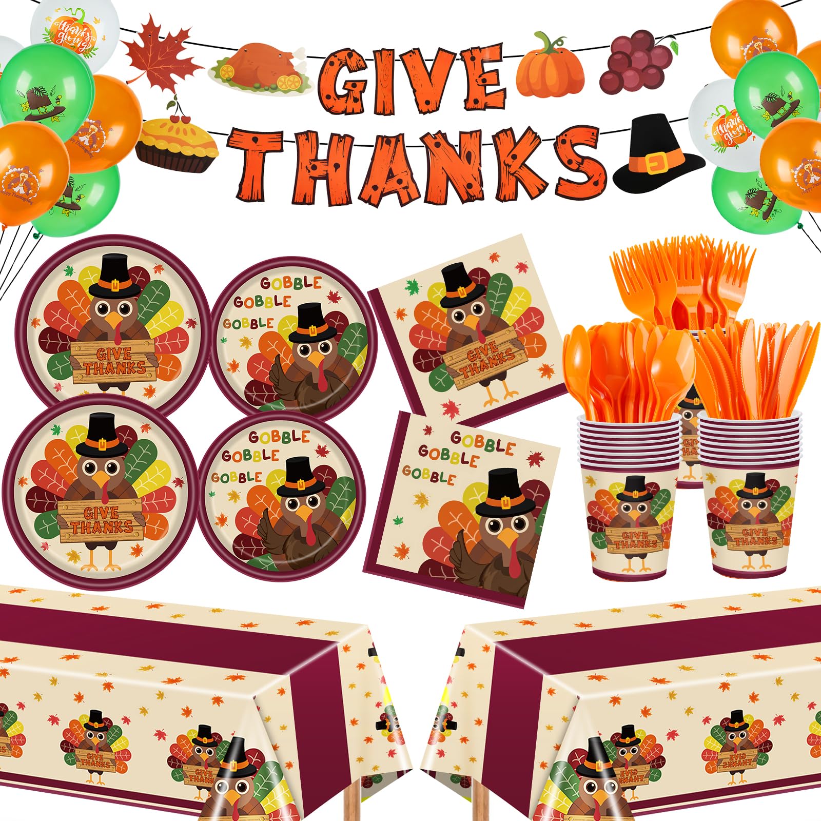 185 Piece Fall Thanksgiving Party Supplies Set Serves 24 Includes Plates Napkins Cups Utensils 2 Tablecloths Banner Balloons #LMS0106T02