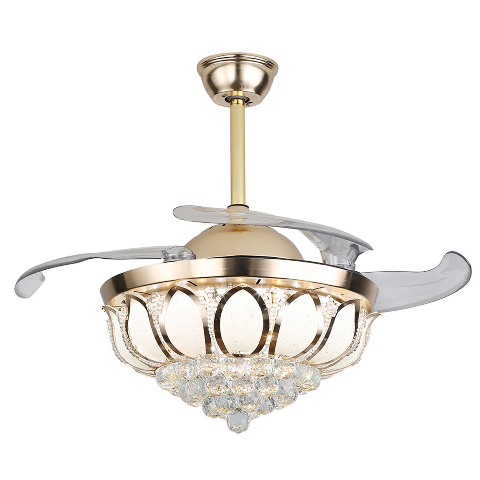 Oukaning HG-HSYXF-1946-1 42-in Color-Changing Integrated LED Gold Crystal Retractable 3-Speed with ABS Blades Chandelier Ceiling Fan With Light - Remote Included ( 4 -Blade )