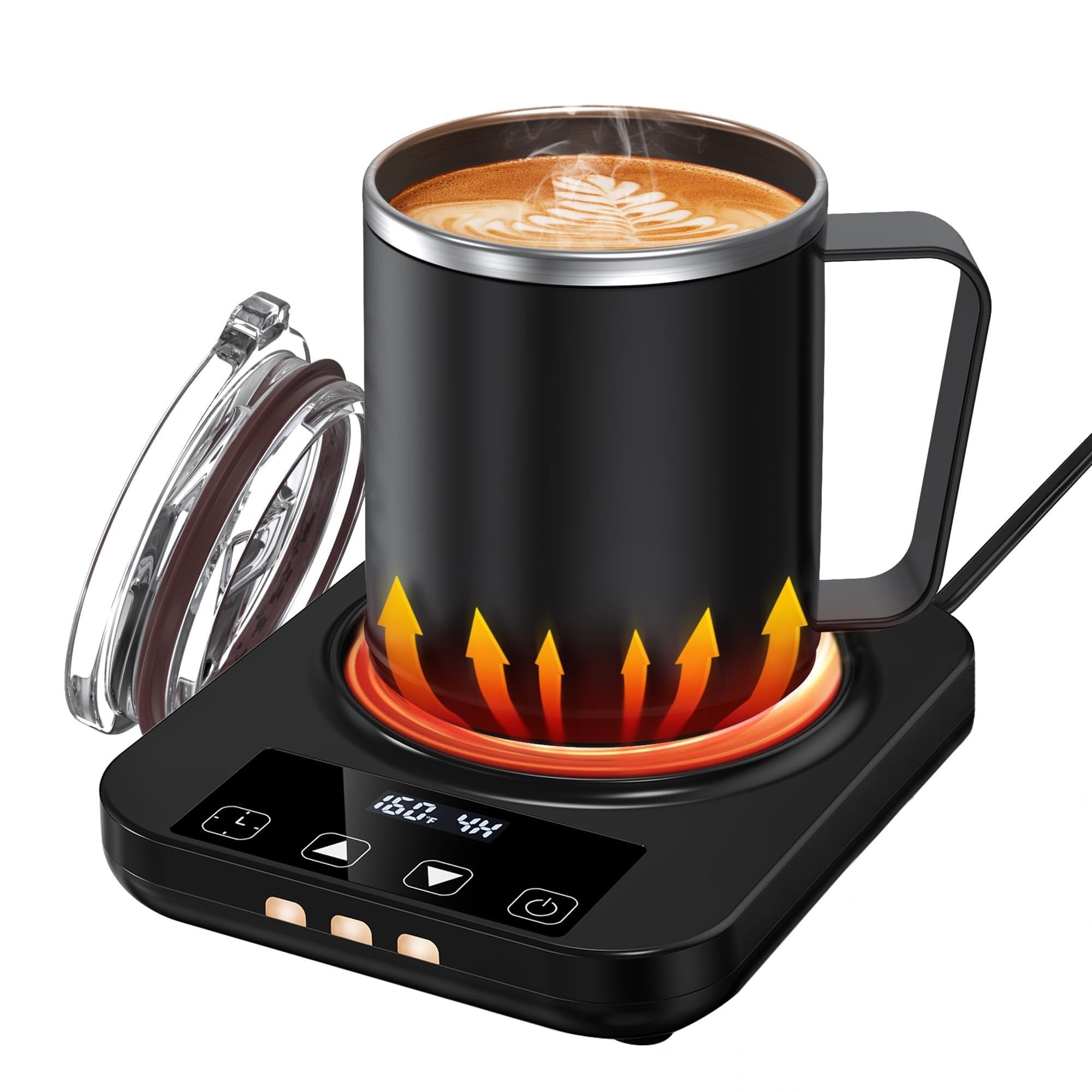 Etokfoks  16 oz Black Stainless Steel Mug Heated Coffee Cup Warmer Temperature Control Electric Drinkware Set