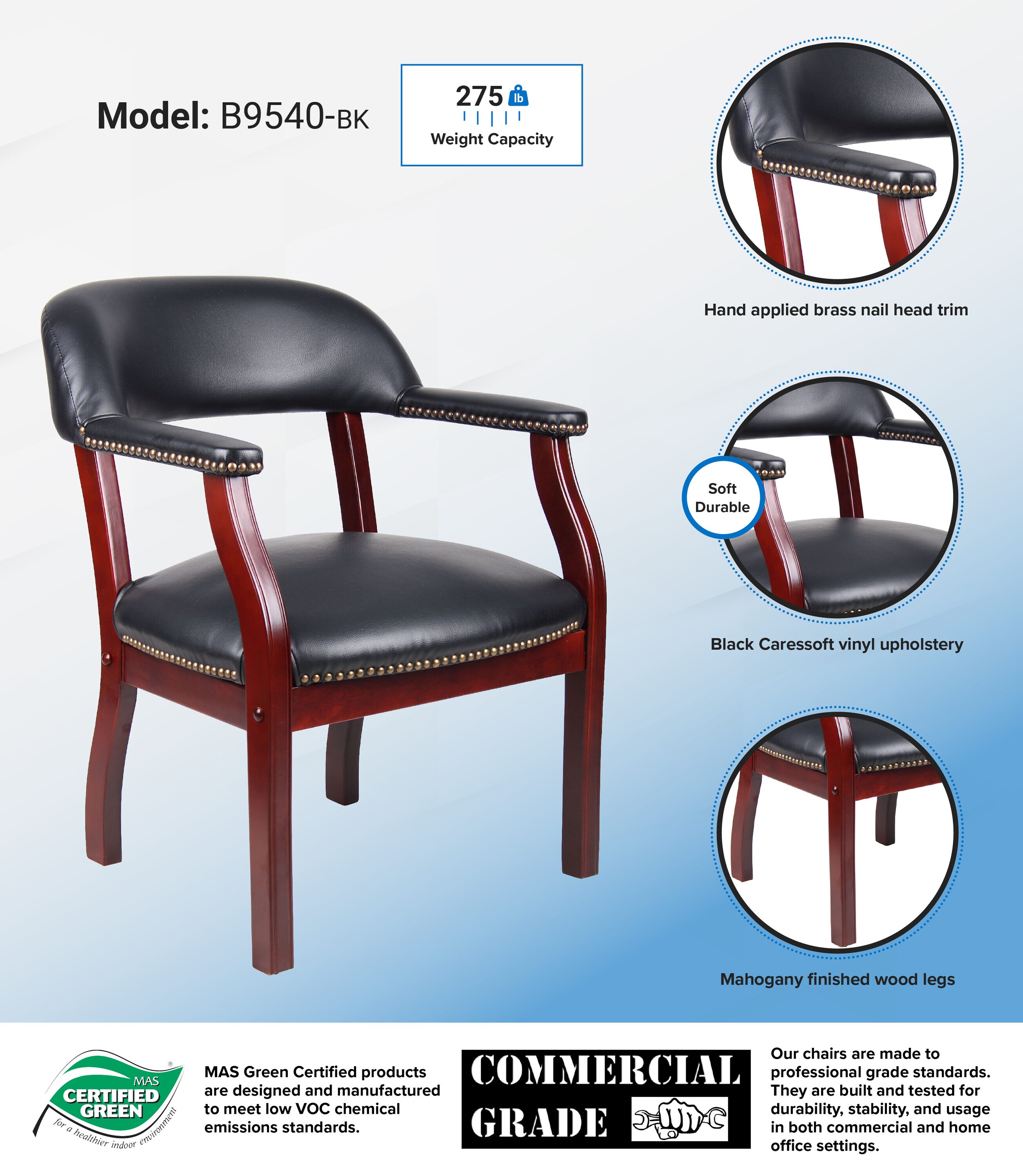 Elegant Mahogany Wood & Black Faux Leather Upholstered Arm Chair
