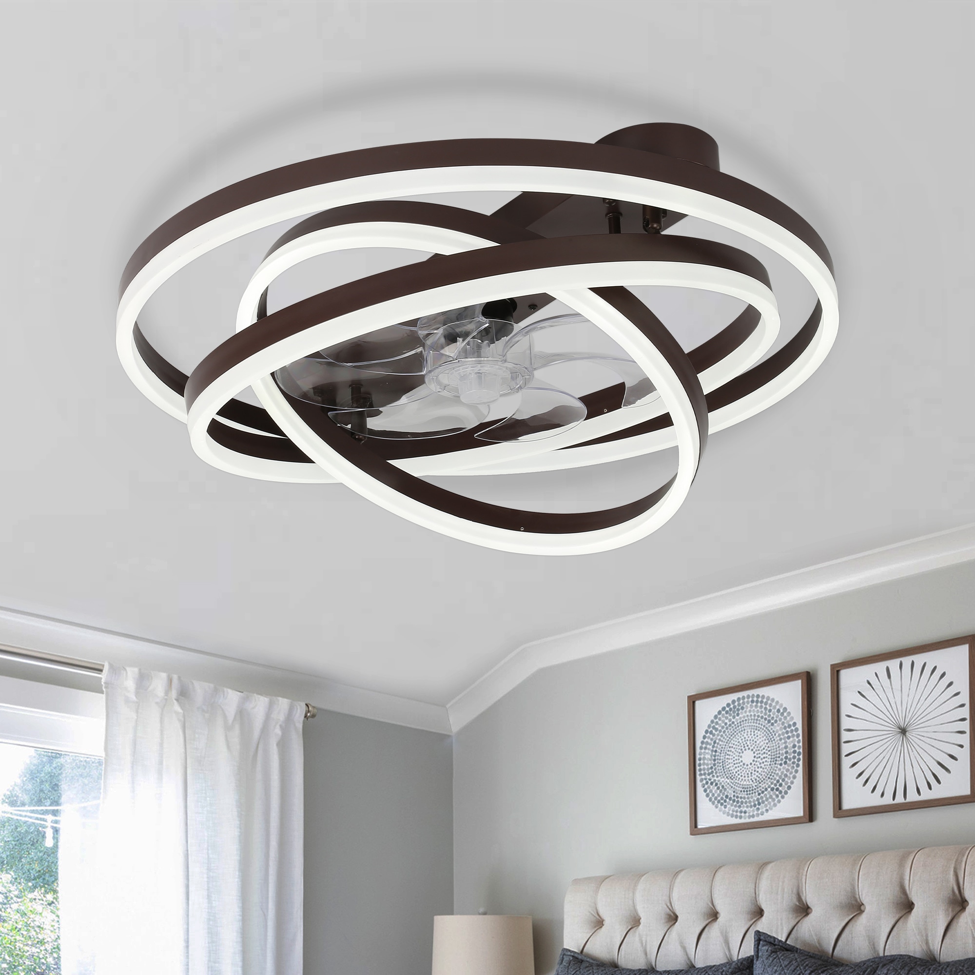 Bella Depot WSFSD2401-K 24-in Color-Changing Integrated LED Flush Mount Brown with Clear Blades Fandelier Ceiling Fan With Light - Remote Included ( 7 -Blade )