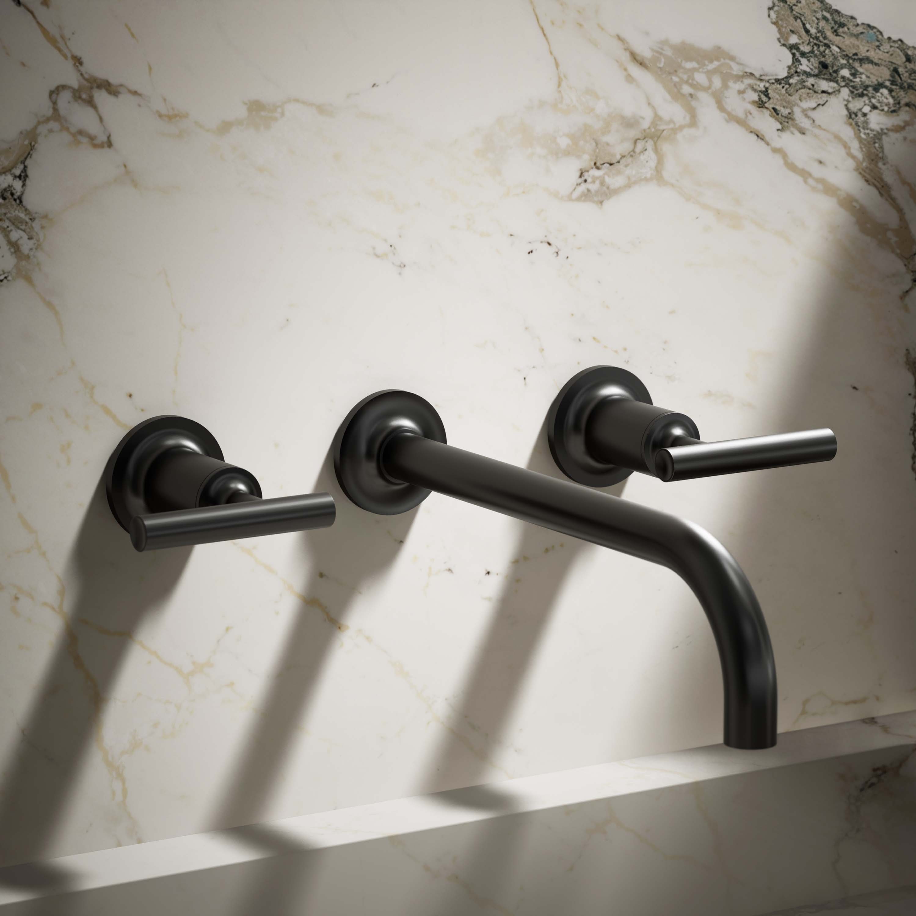 KOHLER K-T14414-4-BL Purist Matte Black Wall-mount 2-handle WaterSense Low-arc Residential Handle Bathroom Sink Faucet