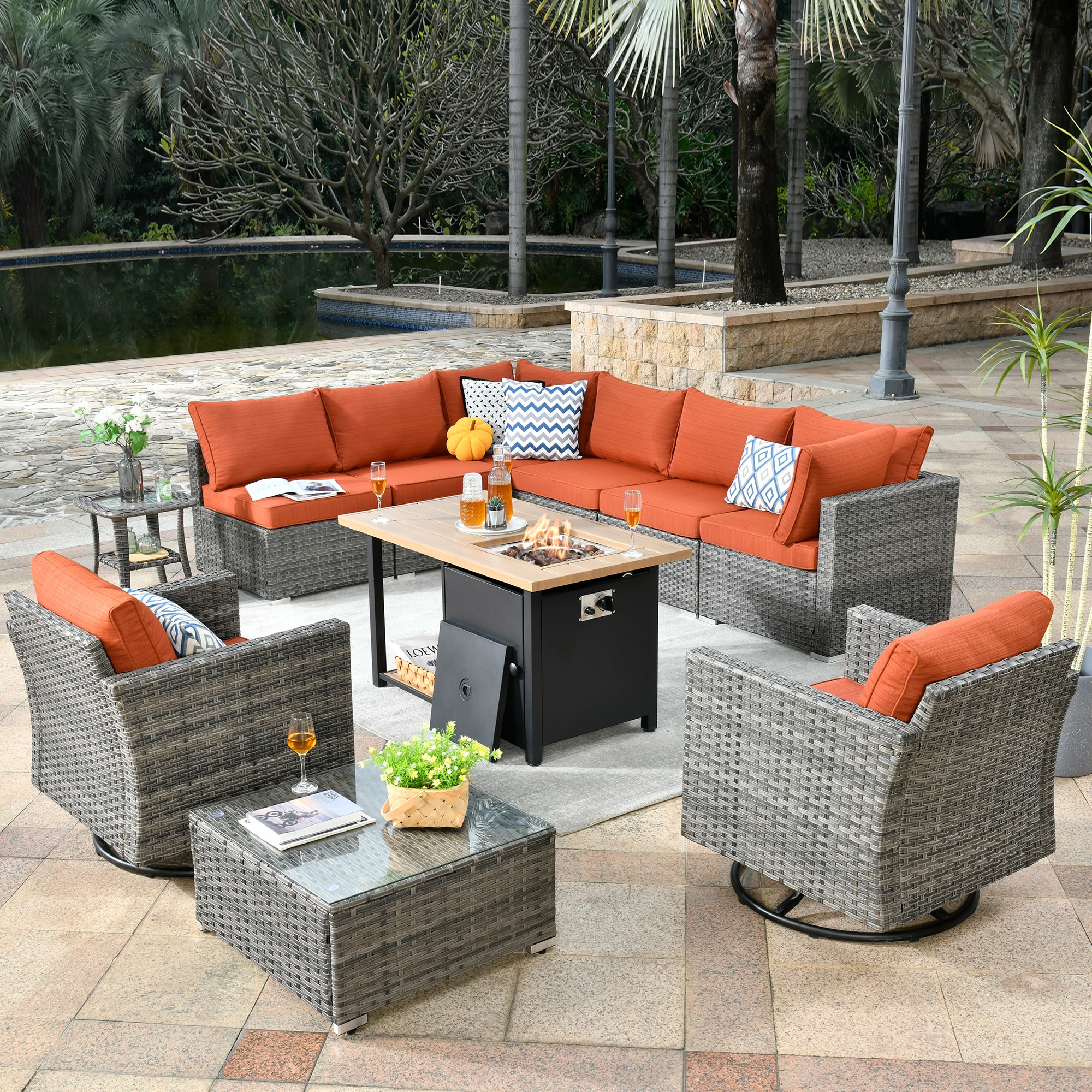 weaxty DCFP03RRSGNTC8011 11-Piece Rattan Patio Conversation Set with Orange Cushions