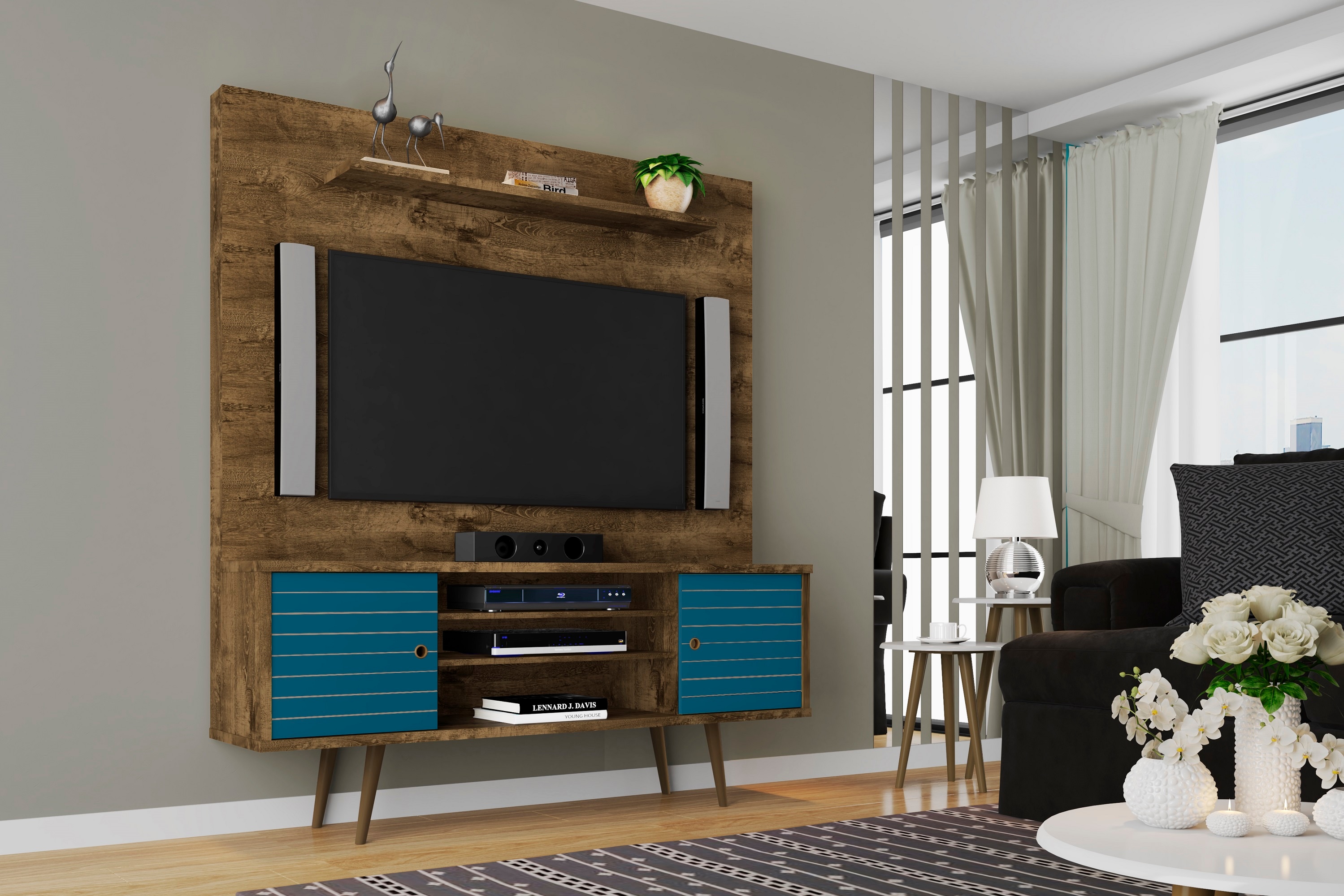 Manhattan Comfort 213BMC93 Liberty Modern/Contemporary Rustic Brown and Aqua Blue TV stand Integrated TV Mount ( Accommodates TVs up to 60-in )