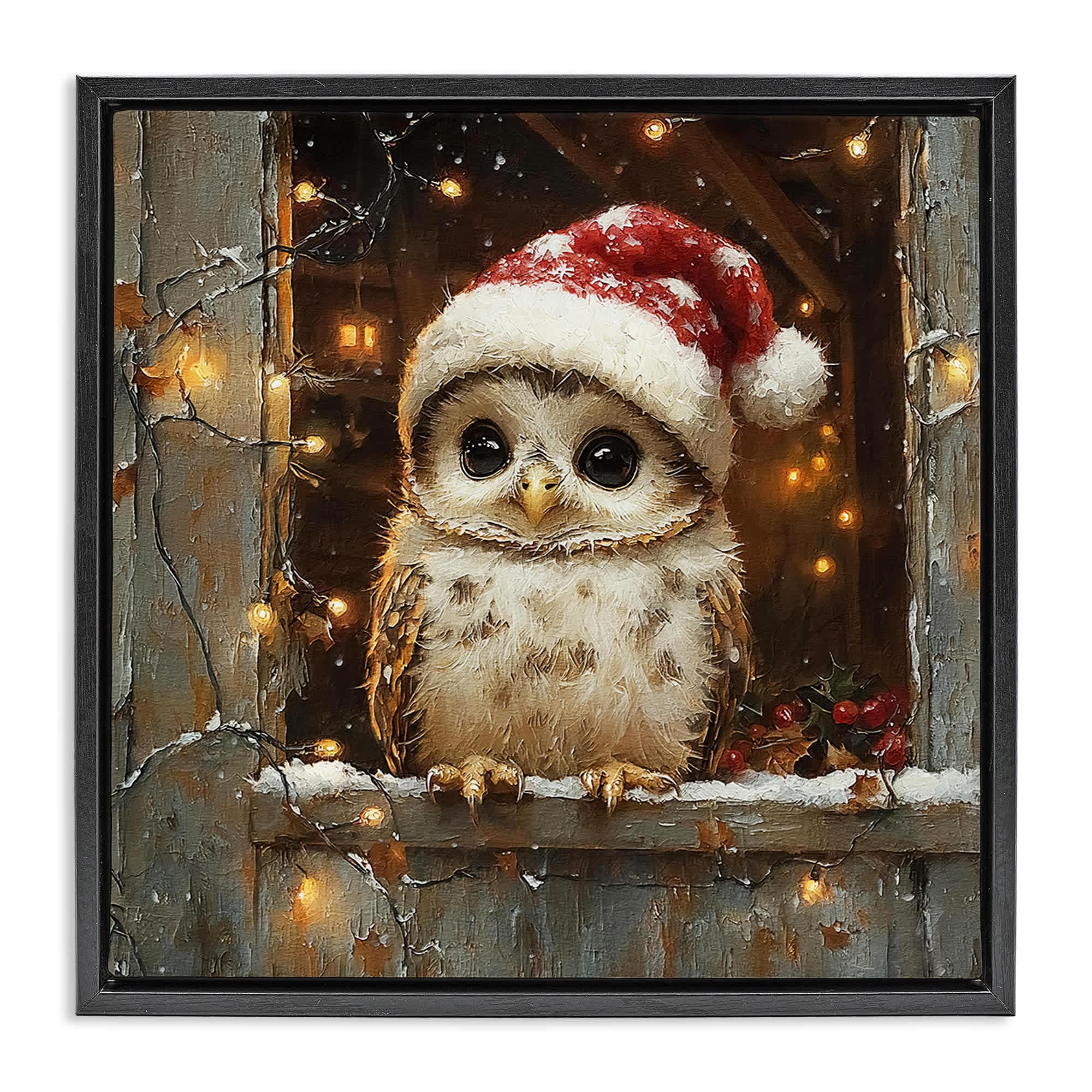 Stupell Industries BT-932-FFB-17X17 Festive Owl with Holiday Lights Black Framed Floater Canvas Wall Art By Riley B 18 x 18