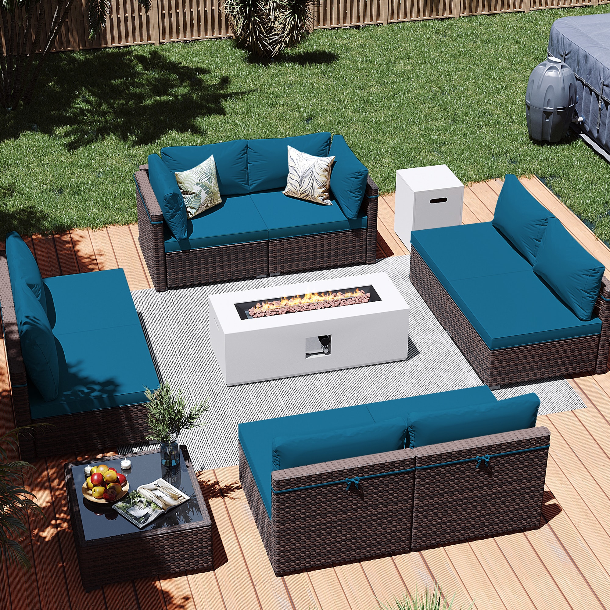 Patio Watcher LS-RT9-KD42CWH-B5 10 -Piece Rattan Patio Conversation Set with Blue Cushions