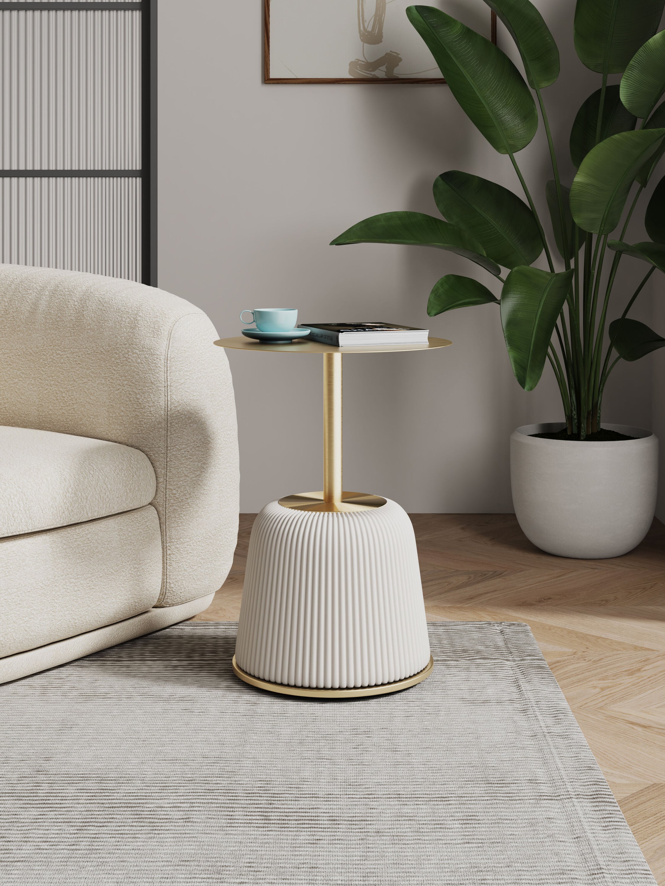 Cream and Gold Round Metal Accent Table with Ridged Base