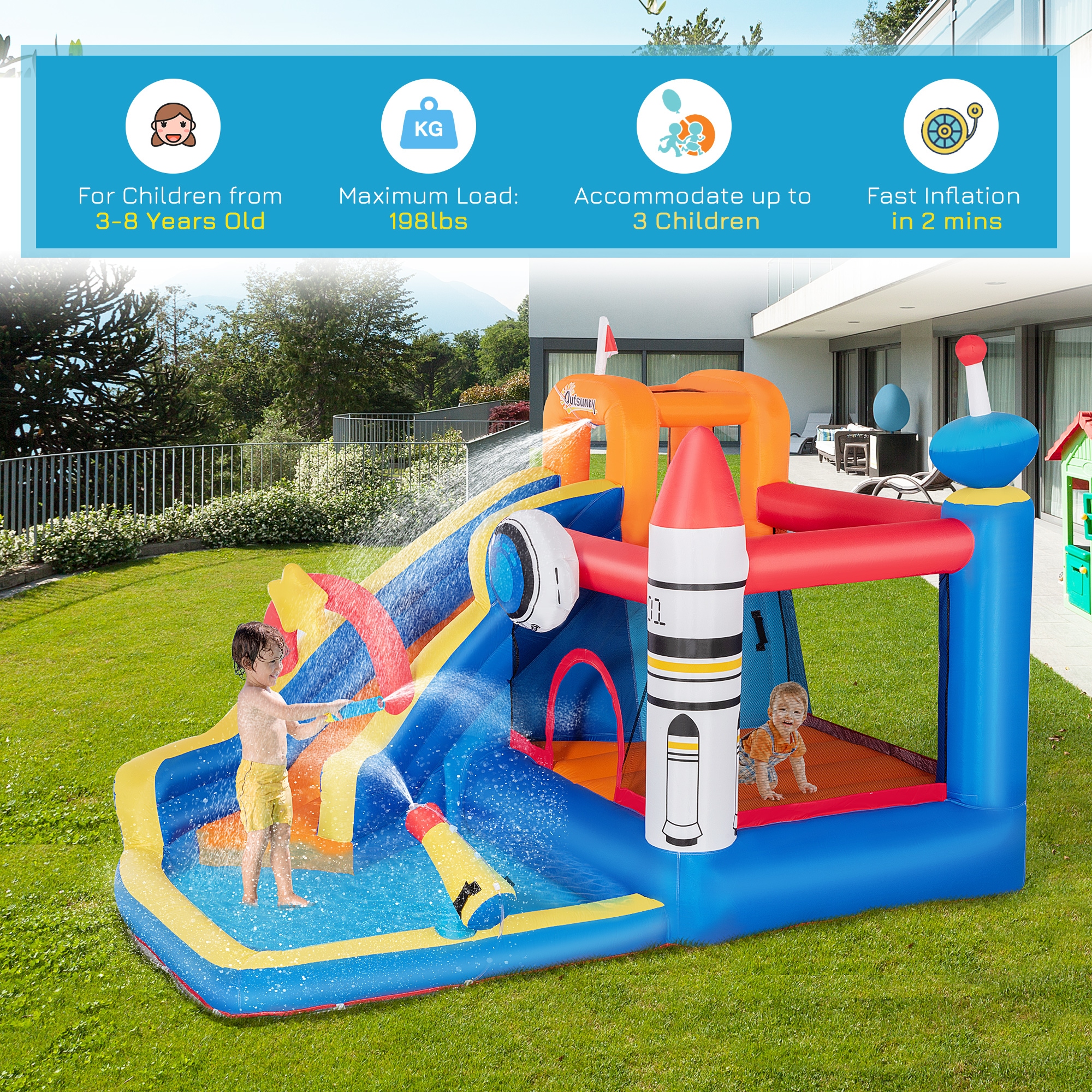 Outsunny Space Theme Inflatable Water Slide Bounce House with Pool and Cannon