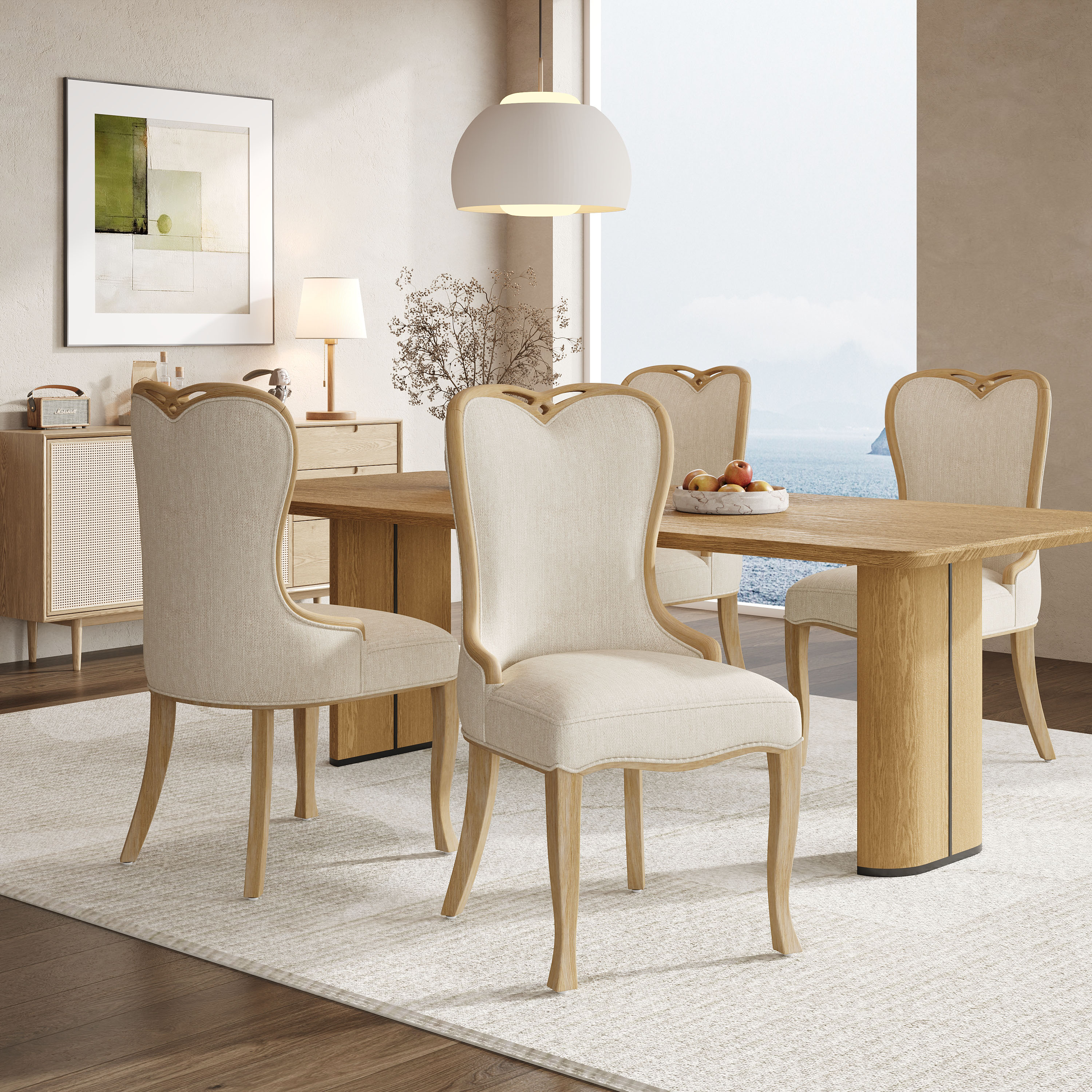 Christopher Knight Home Heart Back Wingback Upholstered Dining Chairs with Natural Rubberwood Legs Set of 4