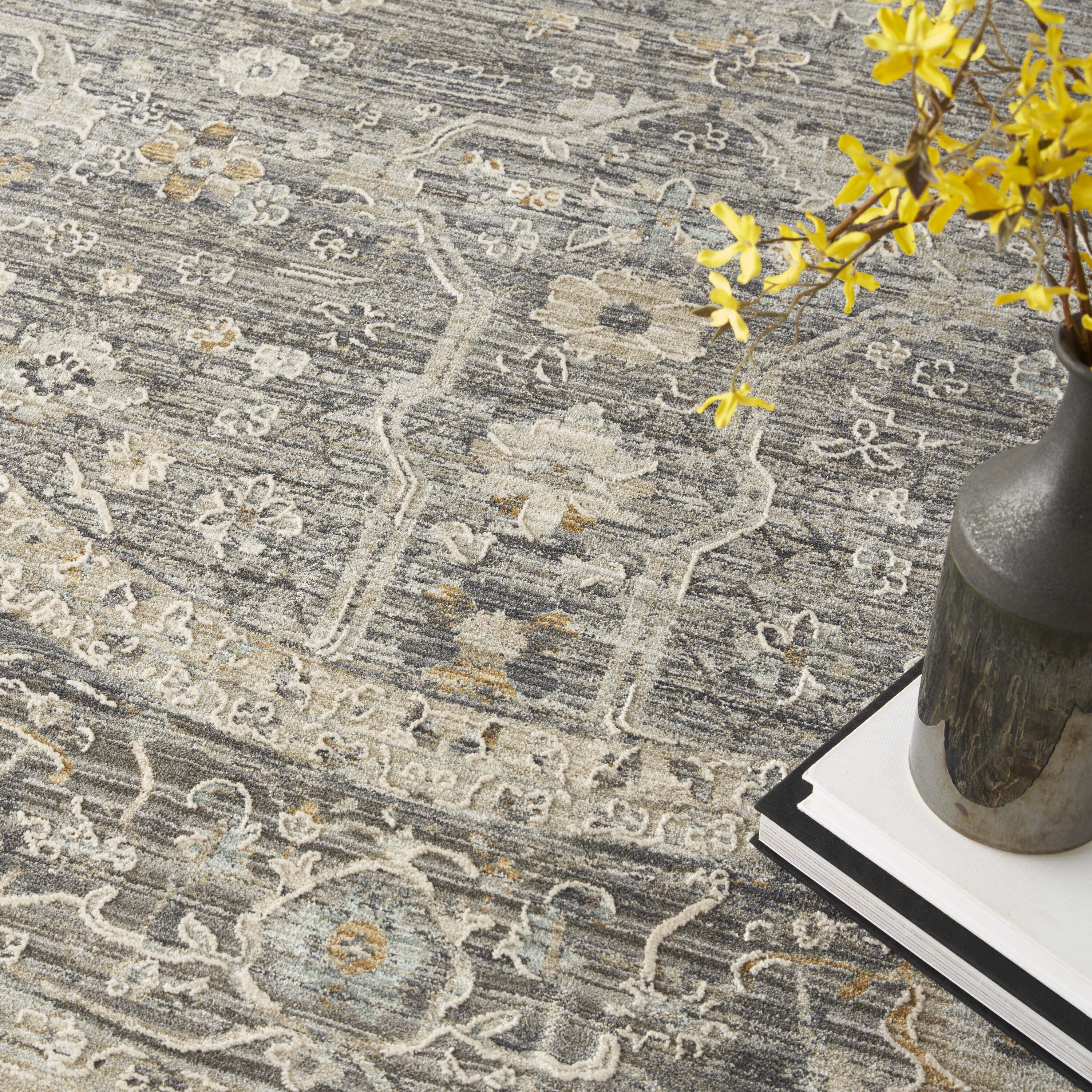 Nyle Slate Multicolor Round Bohemian Floral Rug