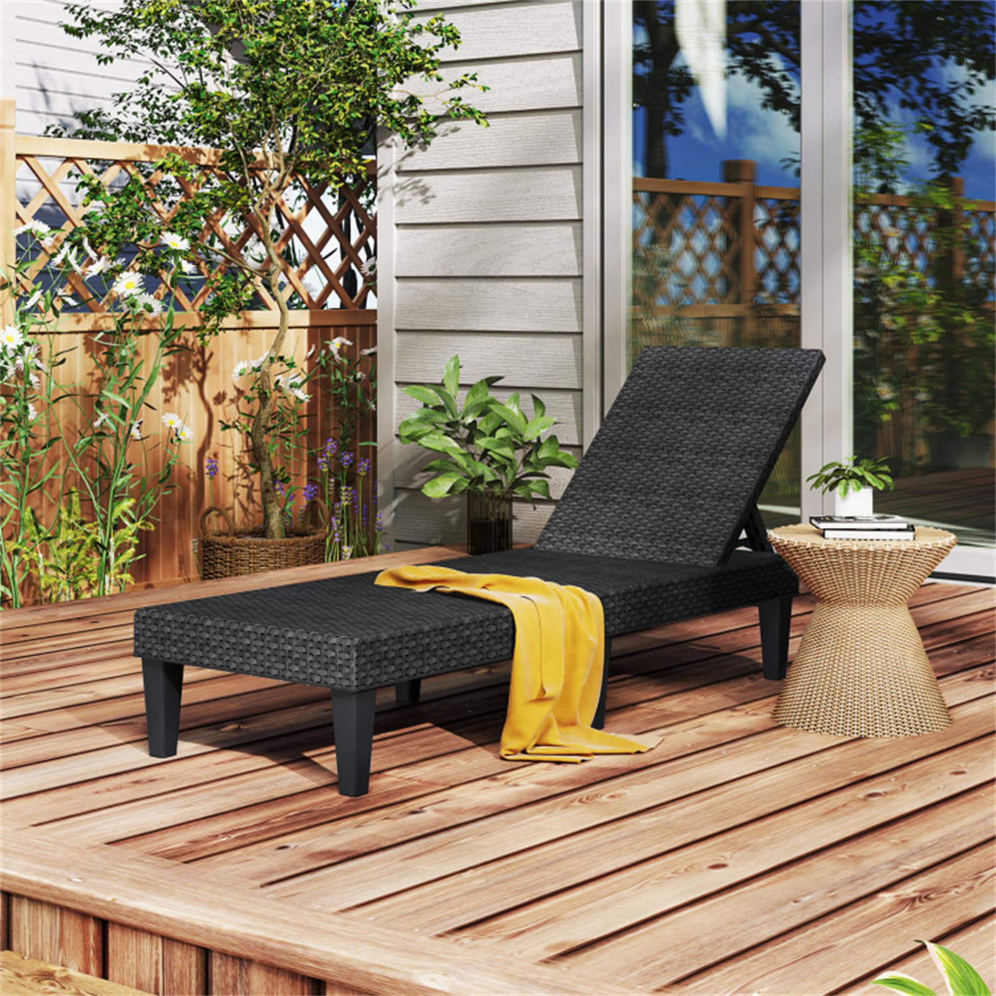 BABOOM BOM-525DK-A-CO Outdoor Chaise Lounger Chair Rattan Black Rattan Frame Stationary Chaise Lounge Chair with Woven Seat