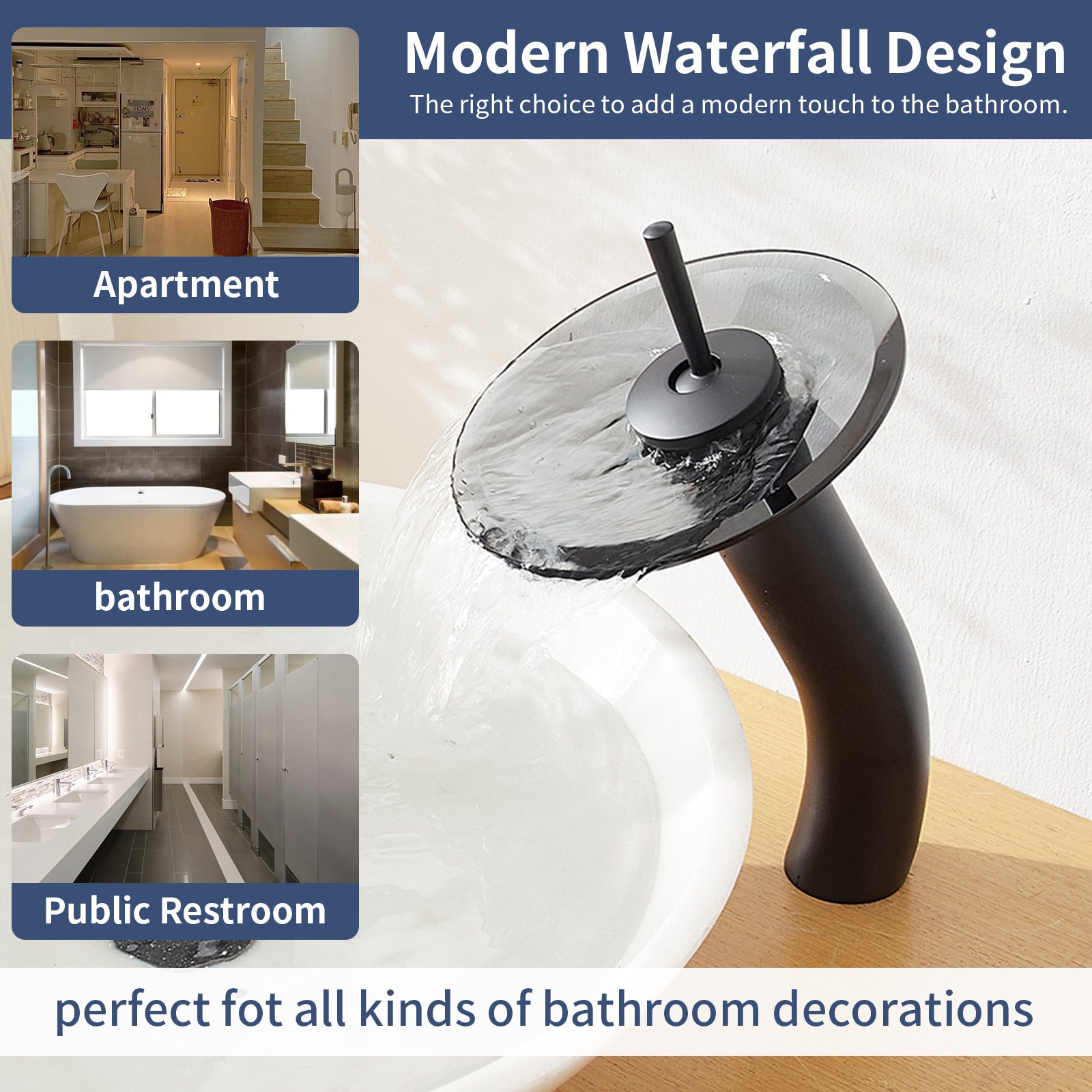 Matte Black Stainless Steel Waterfall Vessel Sink Faucet