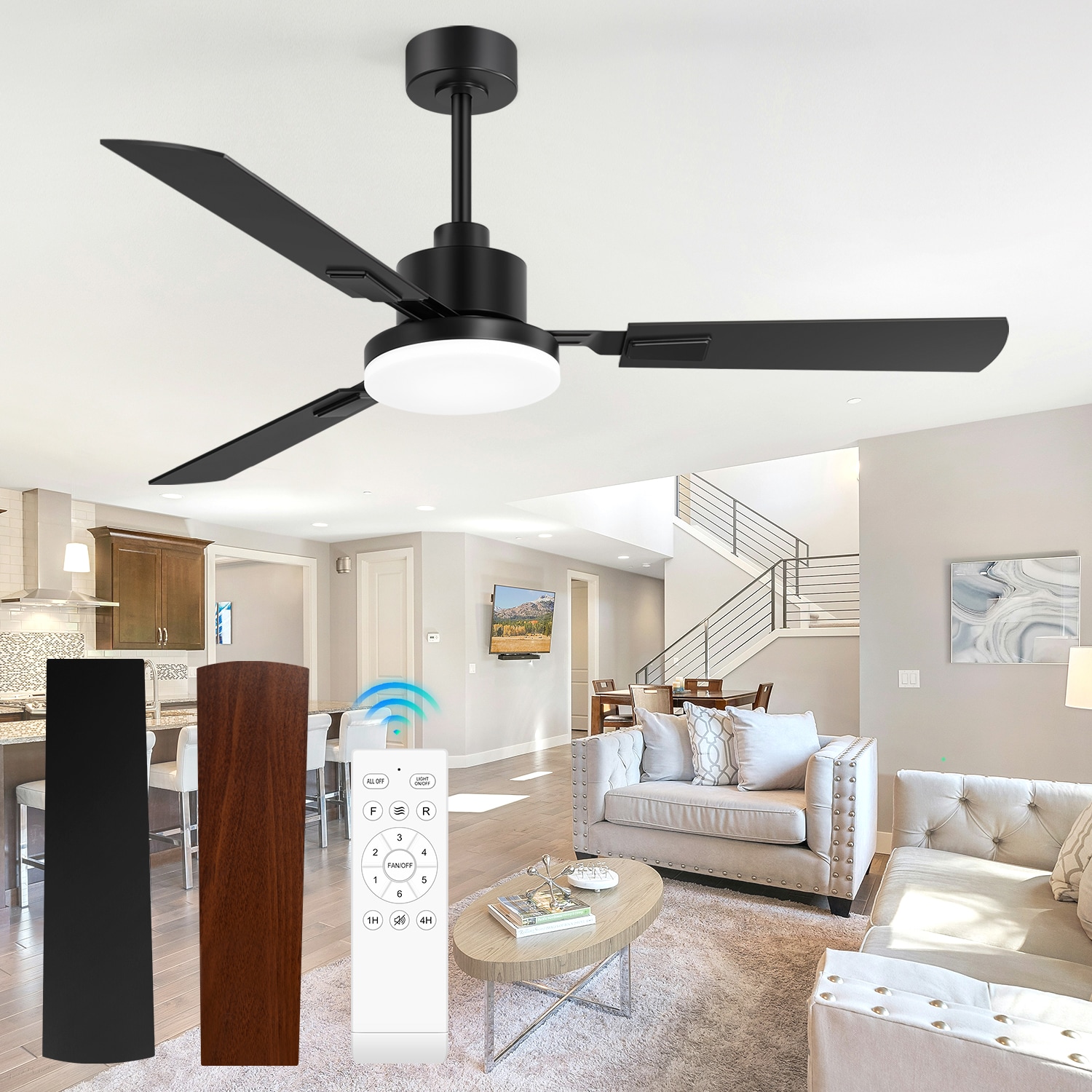 Breezary 32029-BK 52-in Color-Changing Integrated LED Matte Black with Black and Brown Blades Propeller Ceiling Fan With Light - Remote Included ( 3 -Blade )