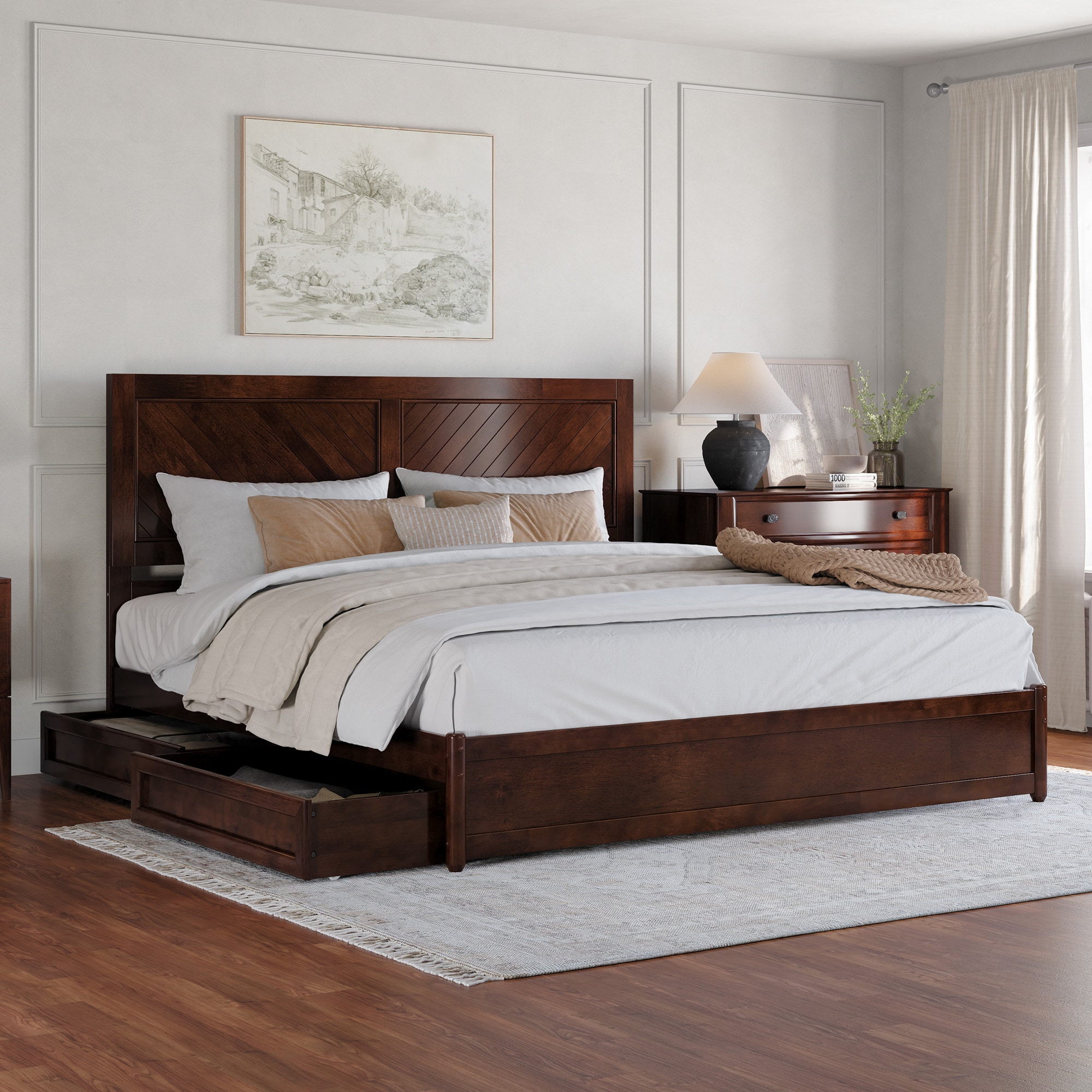 AFI AR9587154 King Walnut Wood Platform Bed Storage with Headboard