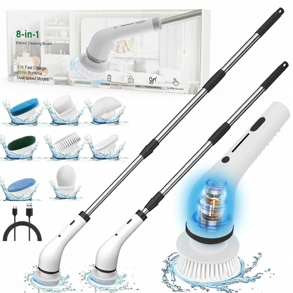 Anqtovp  Electric Spin Scrubber Cordless Adjustable Handle 2 Speeds with 8 Brush Heads Set for Cleaning Floors Windows Bathtubs Grout Tiles Sink