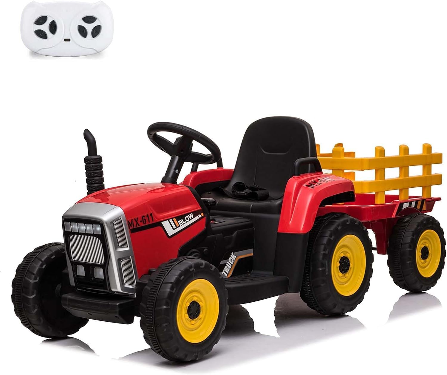 WhizMax PD-PTO-0WMIC1P7 12V Kids Ride-On Tractor With Trailer-Remote Control-2+1 Gear Shift-EVA Treaded Tires-LED Lights-MP3-USB-Red