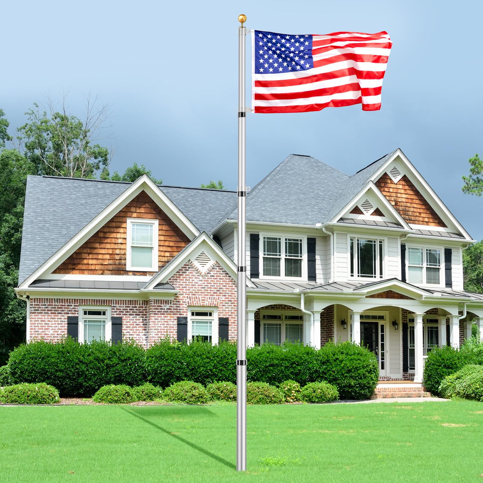 Wudkey Silver 20FT Telescoping Flag Pole Kit with 3x5 Flag Heavy Duty ...