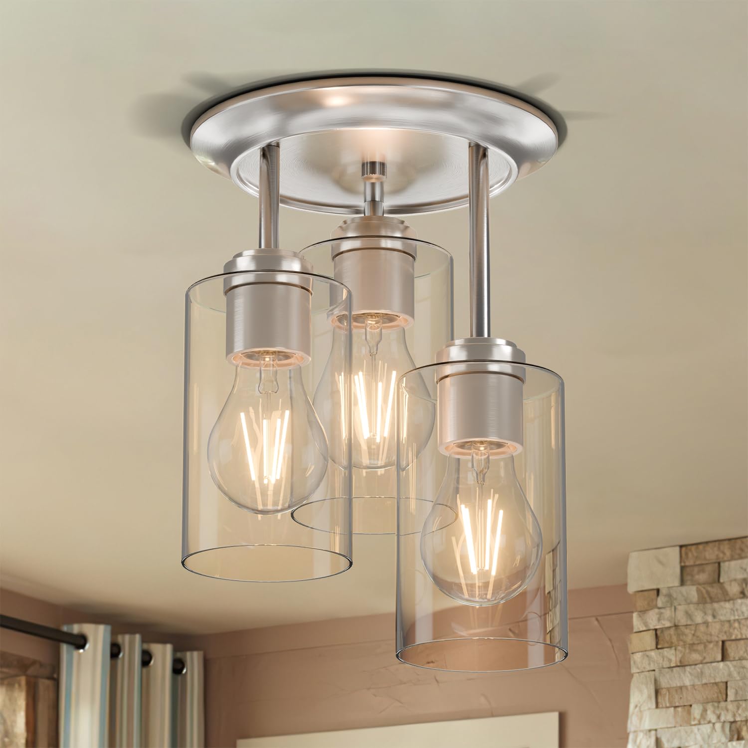 IUEST  Three Lights Semi Flush Mount Ceiling Light Fixture Farmhouse Style Brushed Nickel Finish with Clear Glass Shade for Kitchen Foyer Entryway