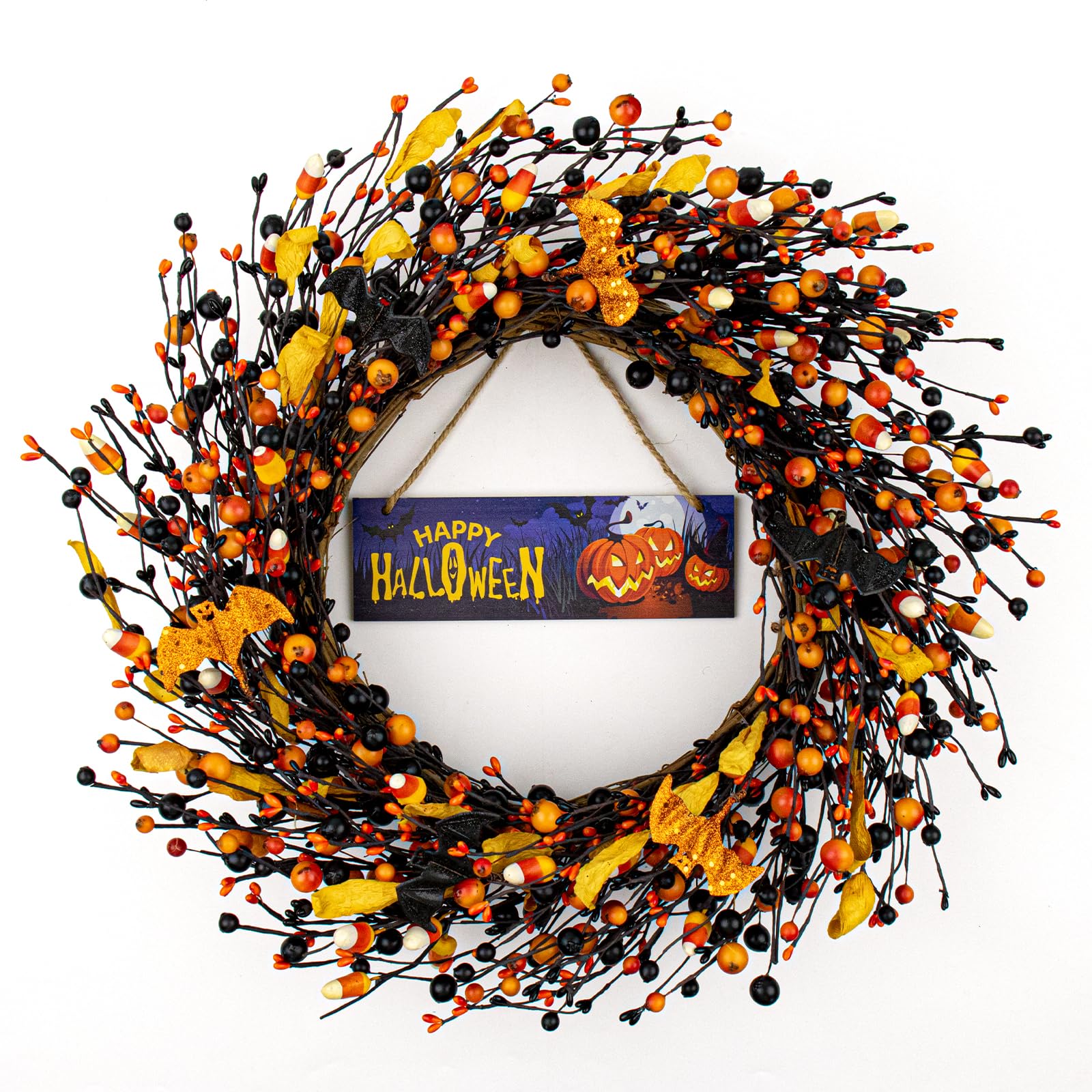 Phyfalip  18 Inches Vintage Halloween Wreath Black Orange Berry Gothic Halloween Decor with Glitter Bat for Front Door Window Wall Porch