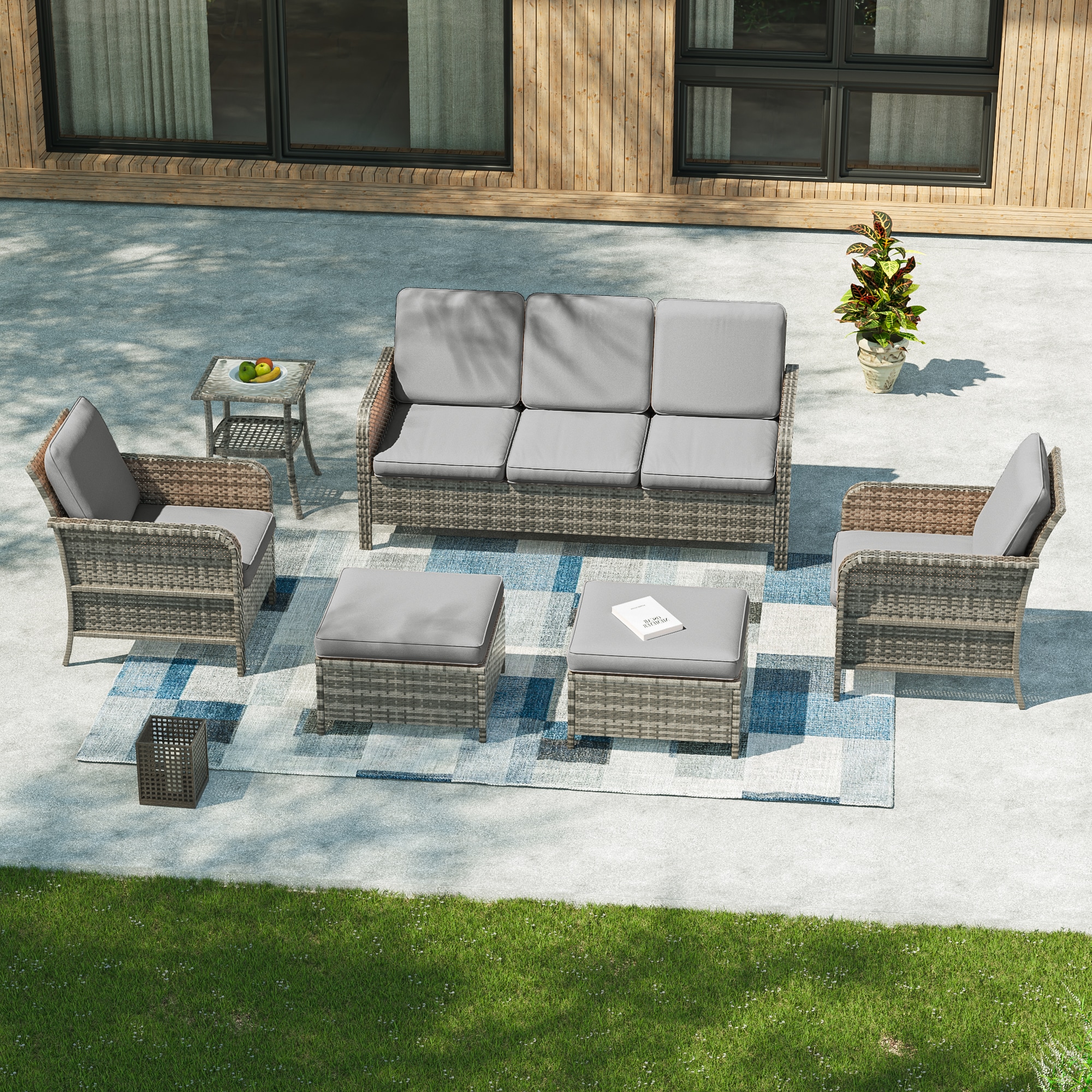 ACEGOSES LW-155HGY-T2 Skytop 6 -Piece Wicker Patio Sofa Conversation Set with Gray Cushions