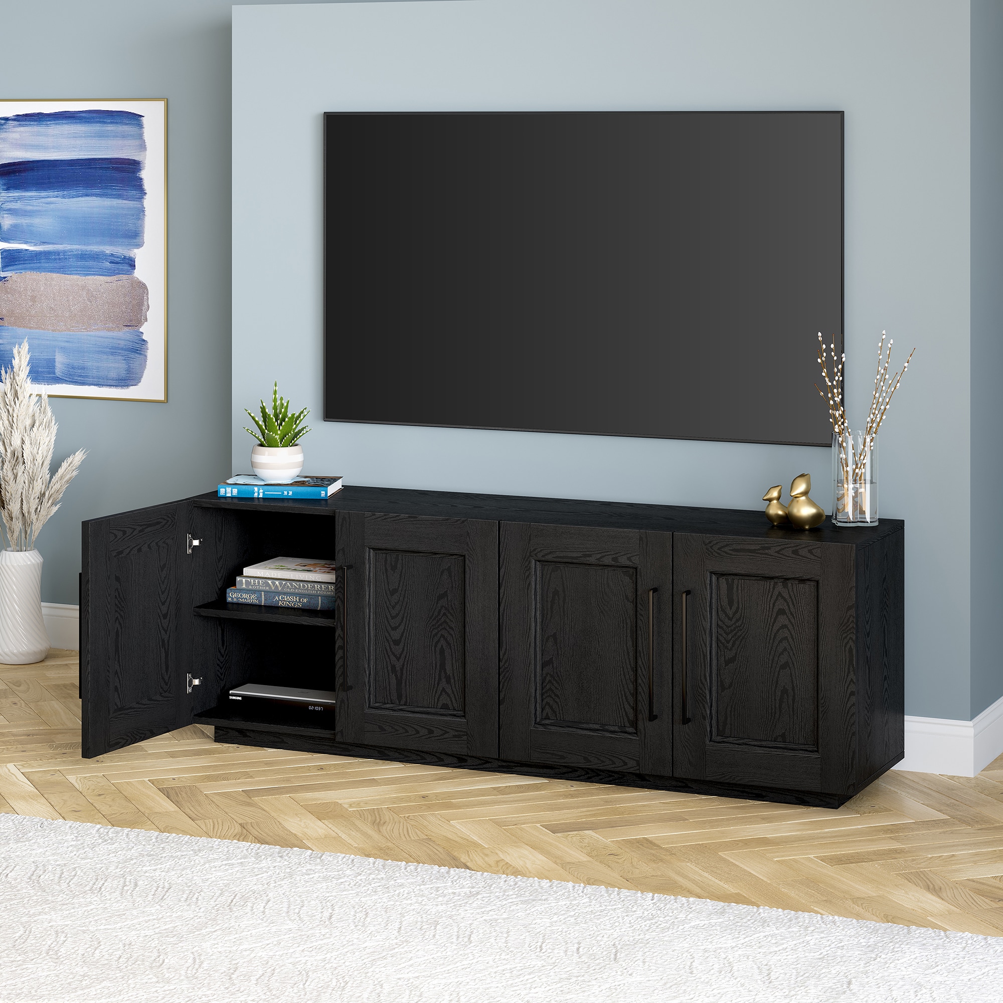Black Grain MDF 68" TV Stand with Cabinets