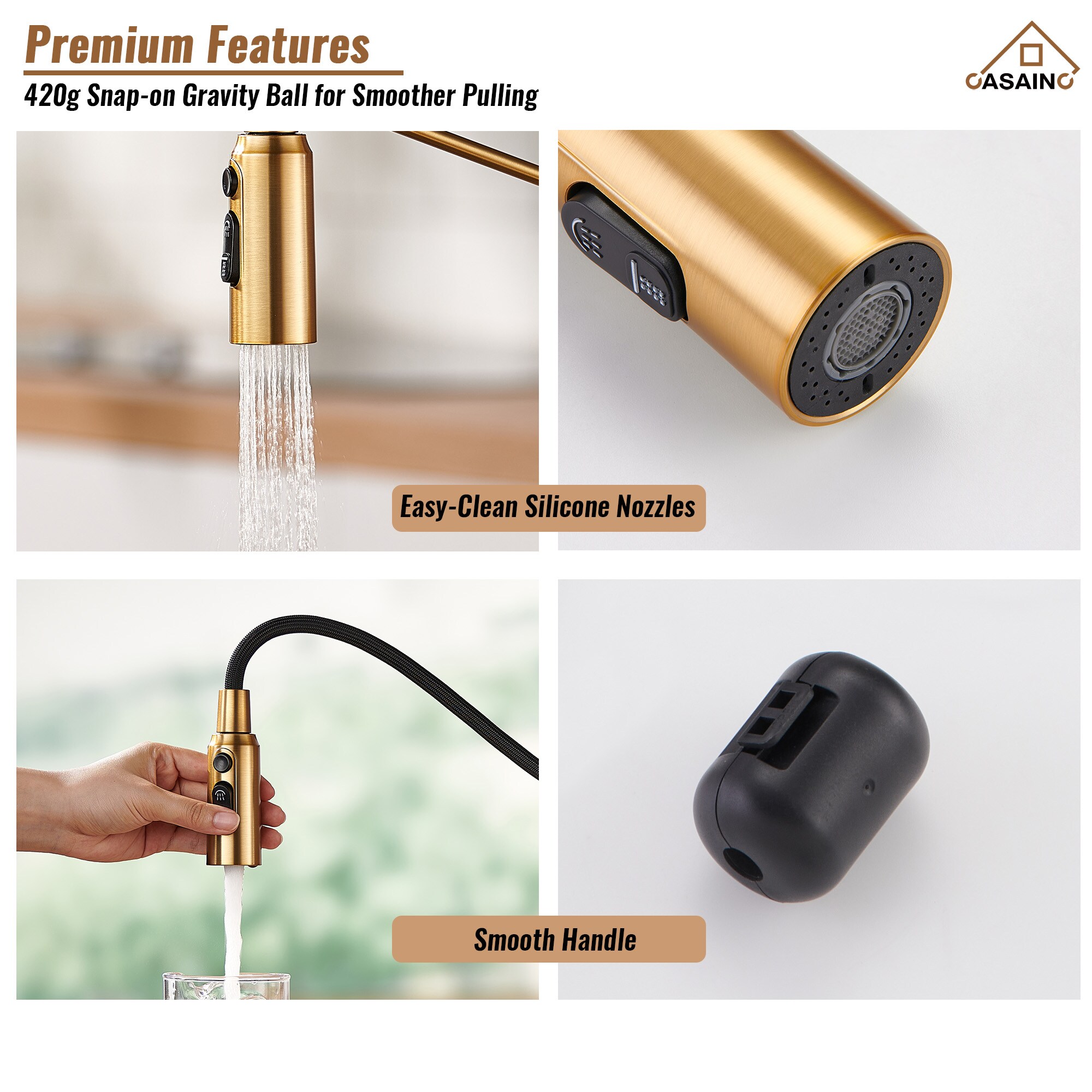 CASAINC Brushed Gold Single Handle Pull-out Kitchen Faucet with Sprayer ...