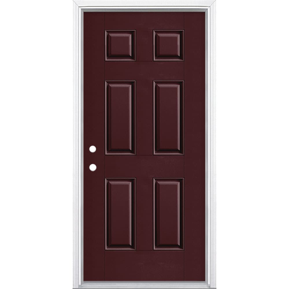 Masonite 1218350 36-in x 80-in x 4-9/16-in Fiberglass No glass Right-hand inswing Currant Painted Prehung Front Door with Brickmould Insulating core