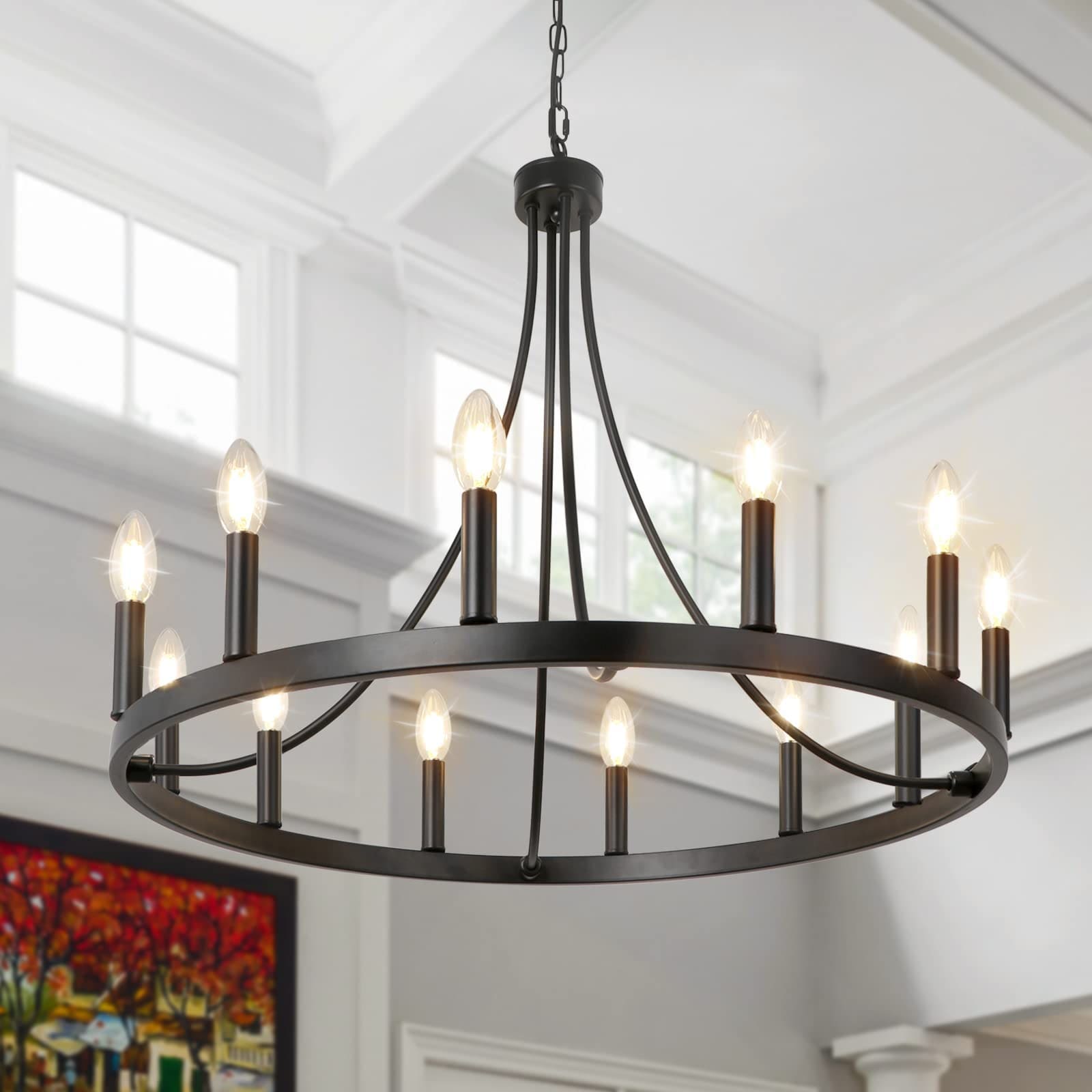 WBinDX 12 -Light Matte Black Farmhouse Wagon wheel Metal Chandelier