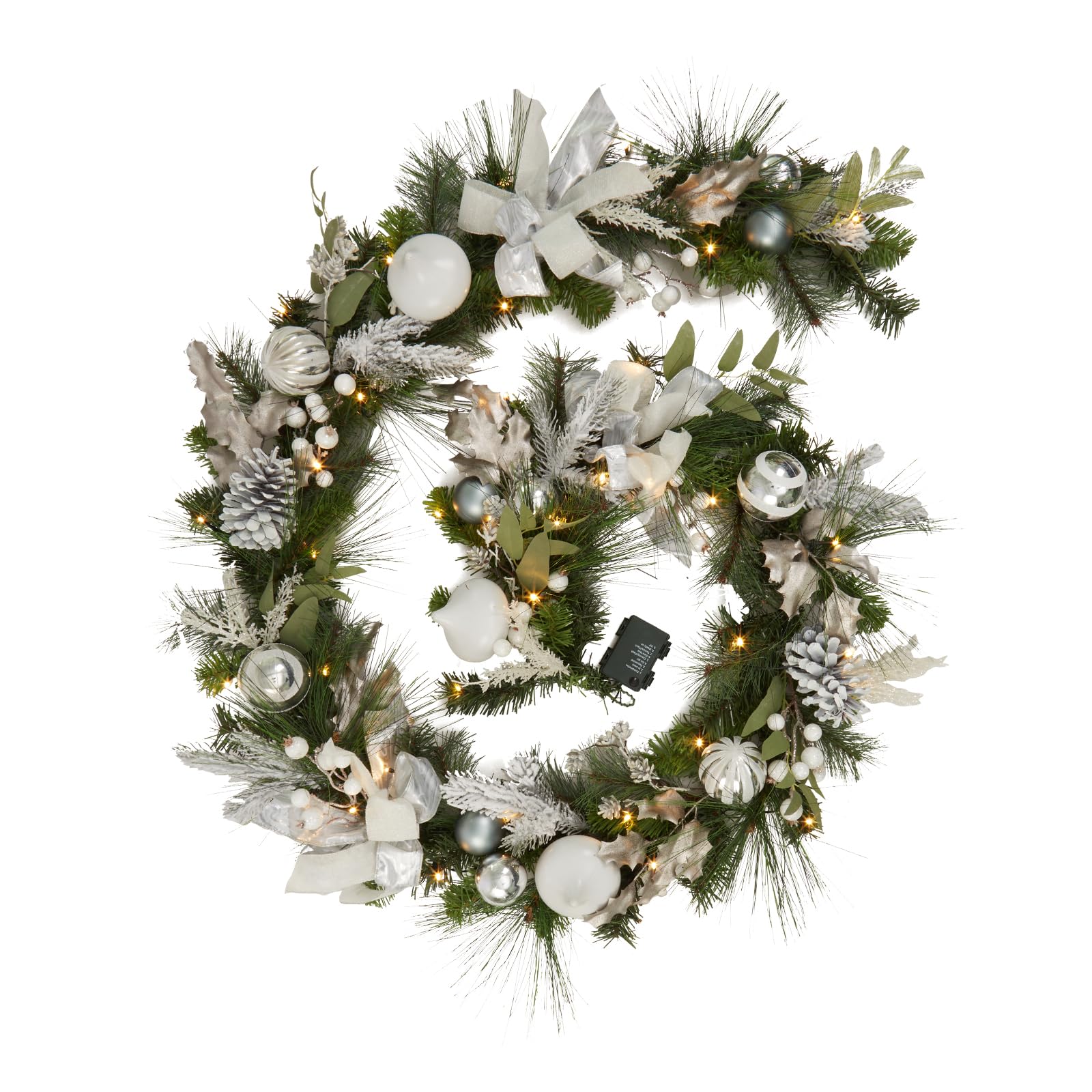 Garvee Outdoor Battery Operated Prelit Christmas Garland with Lights 9Ft Realistic Artificial Xmas Garland for Fireplace Mantle and Stair Banister Red Flowers and Bow Ball Holiday Decorations