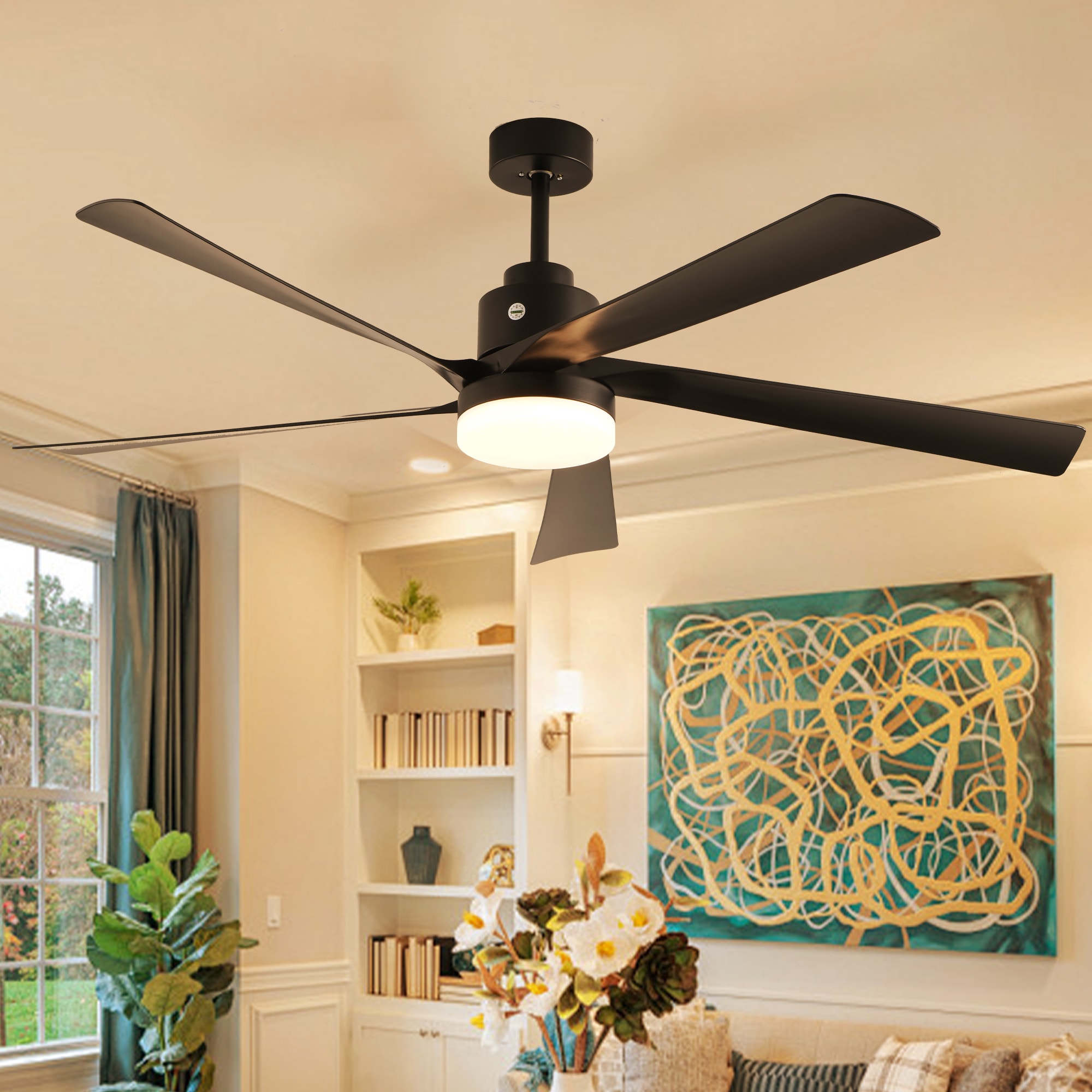 Sunrinx MG9-CF-18 65-in Outdoor Black with Black Blades Ceiling Fan With Light and Remote ( 5 -Blade )
