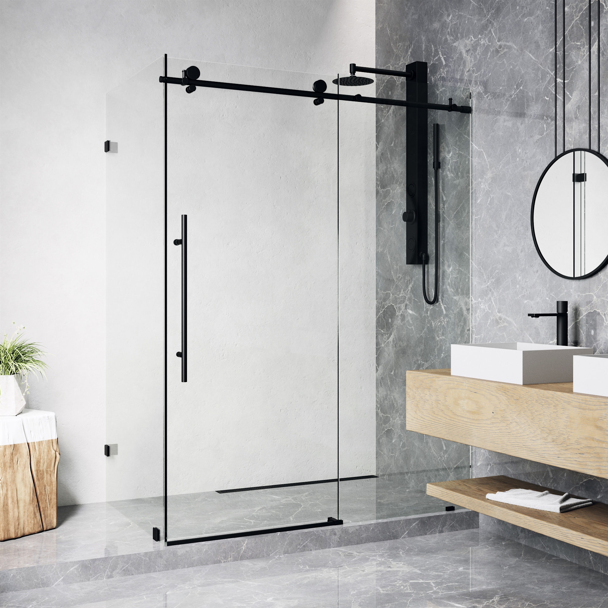 VIGO VG6053MBCL48 Elan E-Class Matte Black 32-in W x 74-in H Frameless Corner Sliding Shower Door 3/8-in Thick Clear Glass