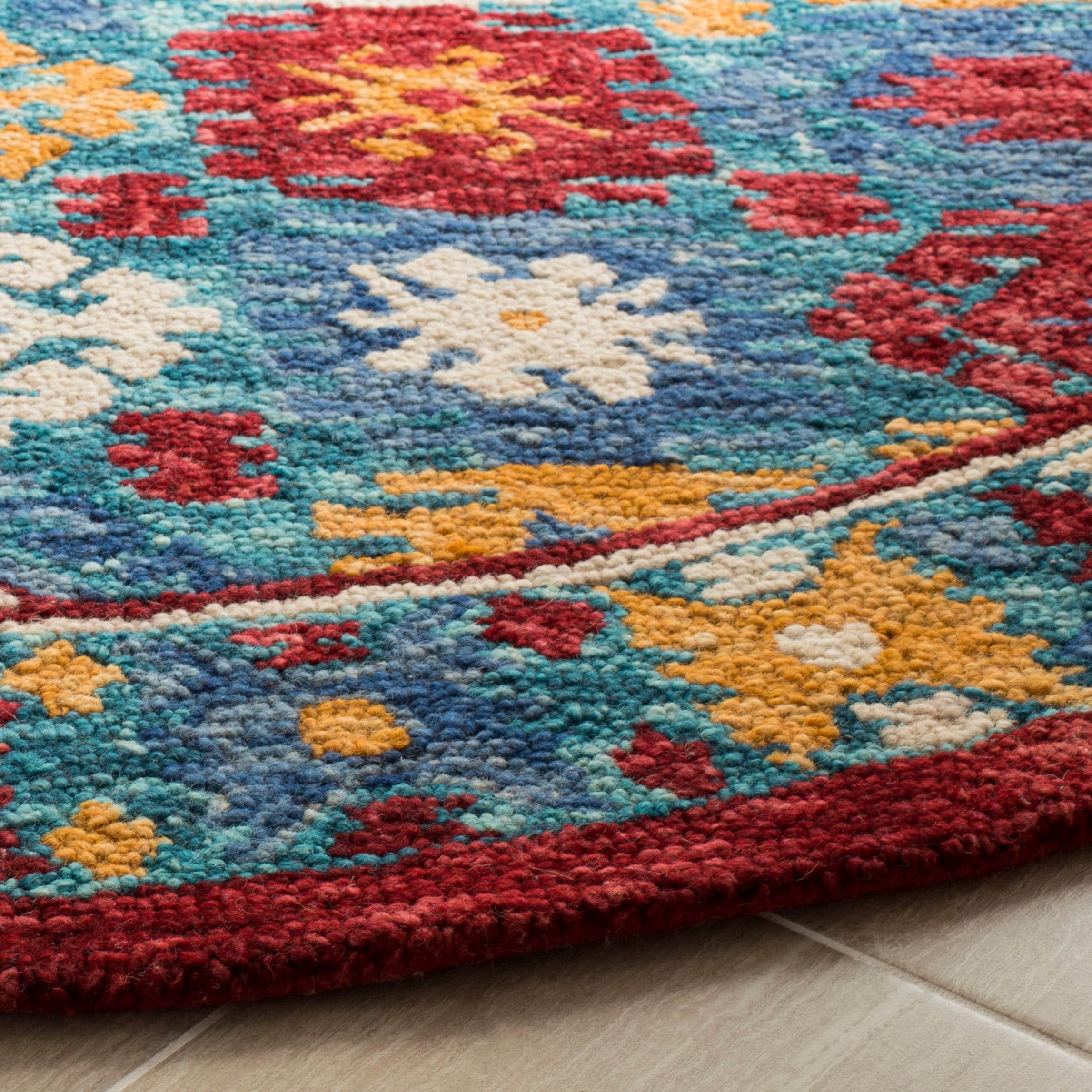 Handmade Blue and Red Wool Geometric Round Rug