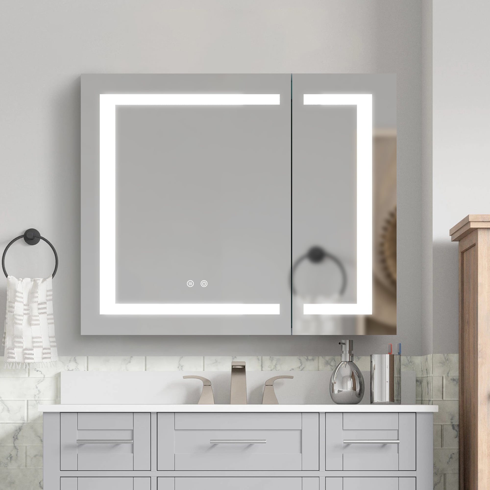 WELLFOR EX5 24-in x 32-in Lighted LED Fog Free Surface/Recessed Mount Black Mirrored Soft Close Medicine Cabinet with Outlet