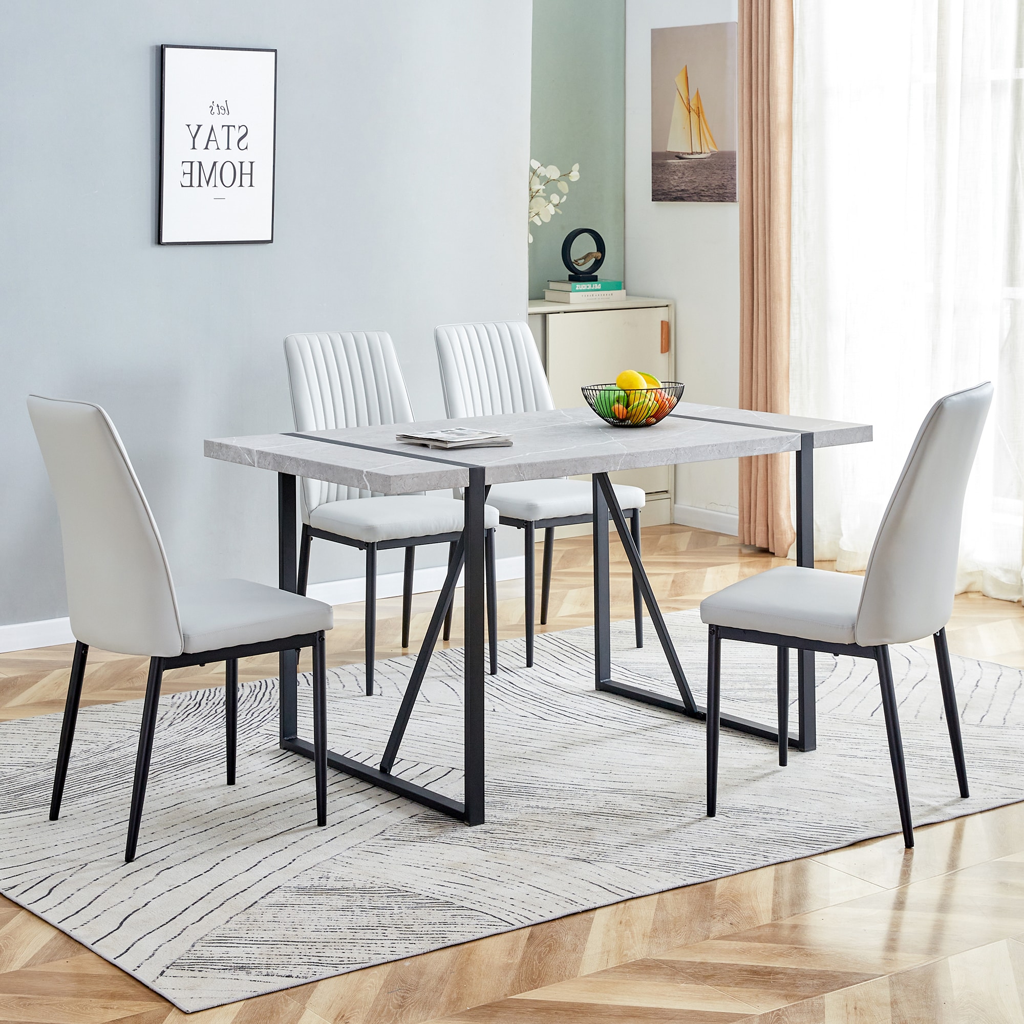 ModernLuxe N752S00000051G 5piece Dining Table Chairs SetRectangular Dining Room Table Set  for 4Modern Dining Table and faux leather Chairs for Kitchen Dining RoomSmall SpaceGRAY
