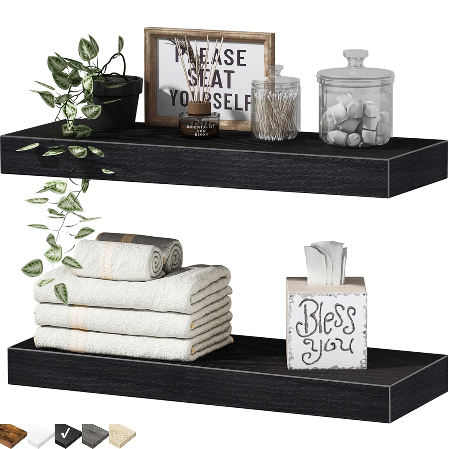 Fredees Floating Wall Mounted Shelves 15.7 x 6.7 Inch MDF Bathroom Shelf with Steel Brackets Set of 2 Black