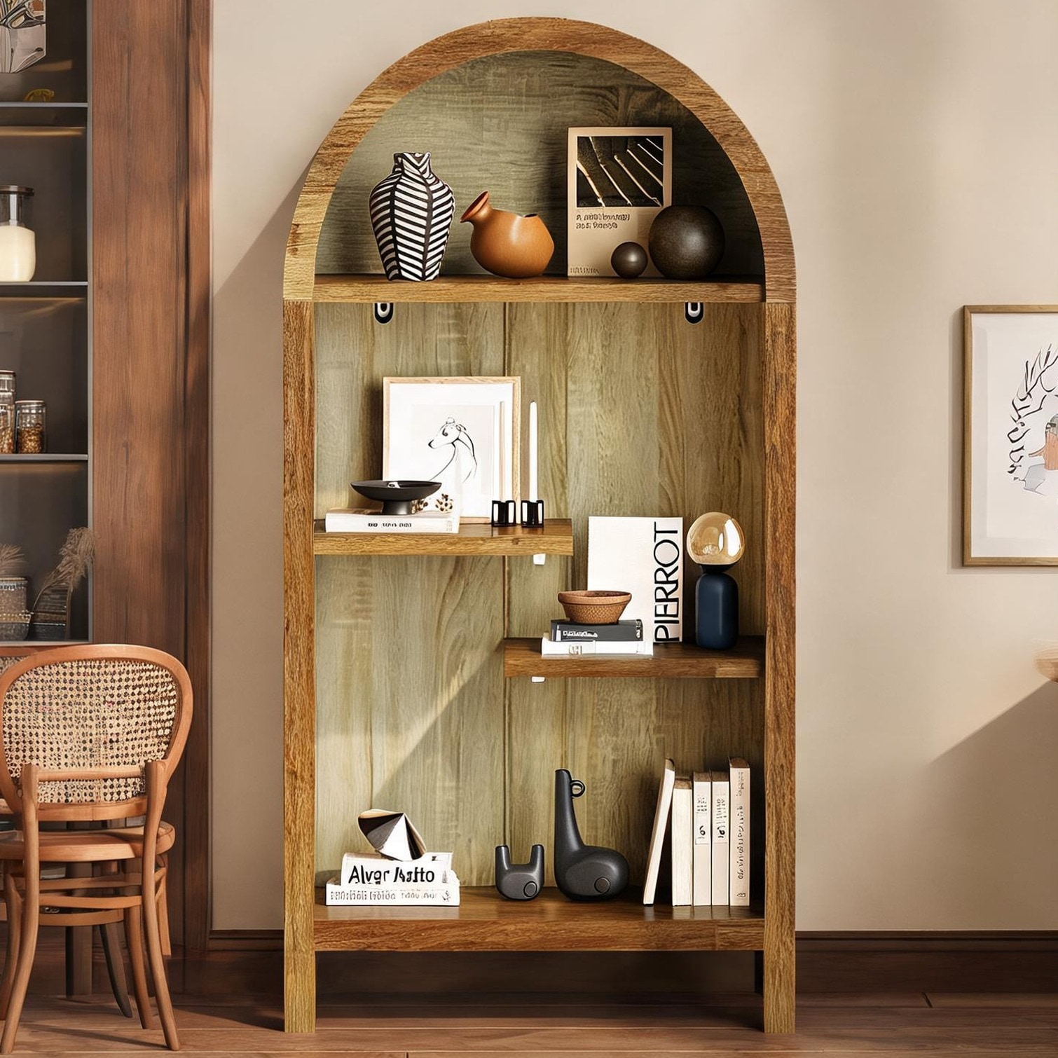 Naturefalls 4-Tier Freestanding Shelf Traditional Brown-Toned Melamine Display Cabinet for Entryway Living Room Bedroom