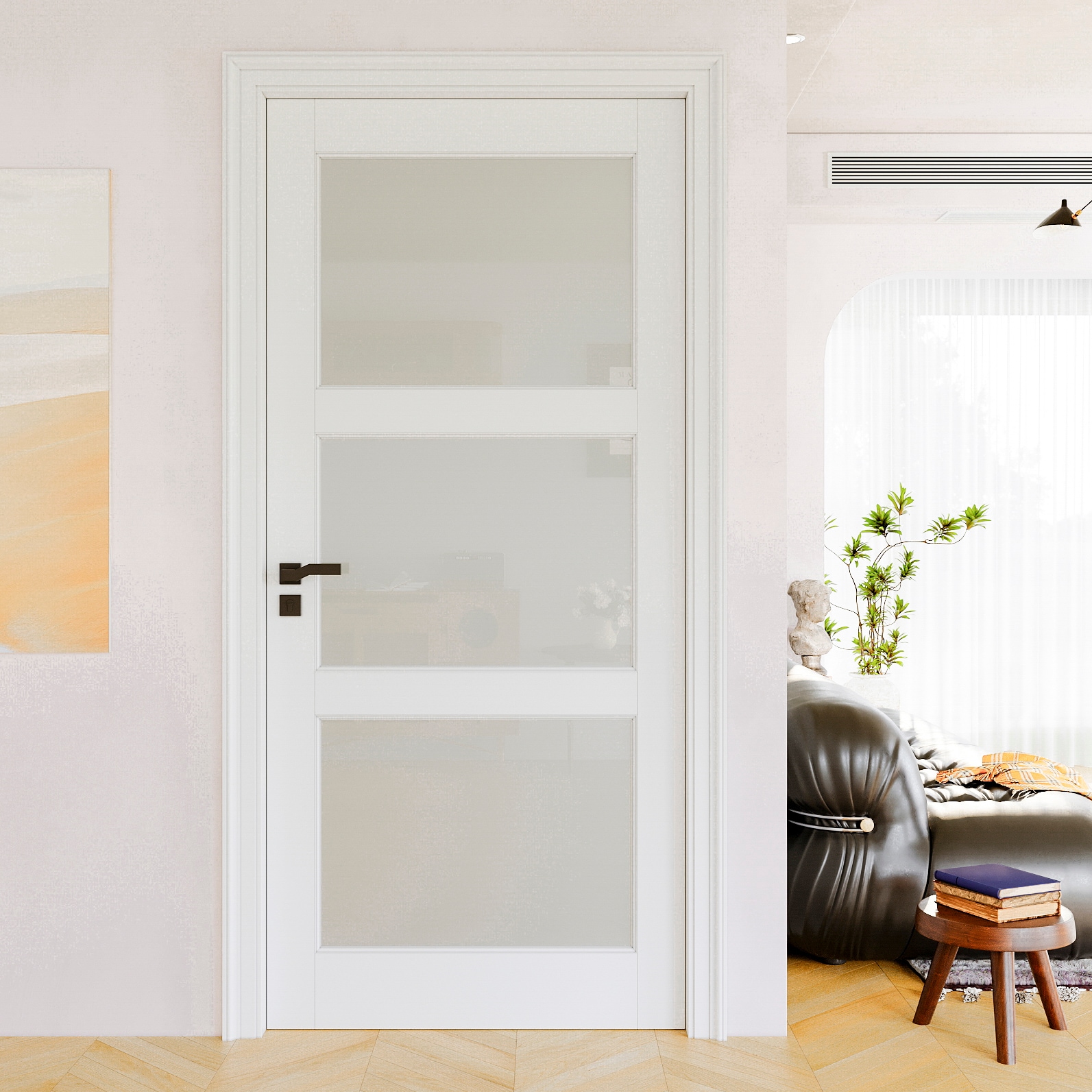 JUJUBON IN-SLABDS-3-36 Traditional  36-in x 96-in White 3-panel square Frosted glass Smooth Solid core Prefinished MDF Slab Door