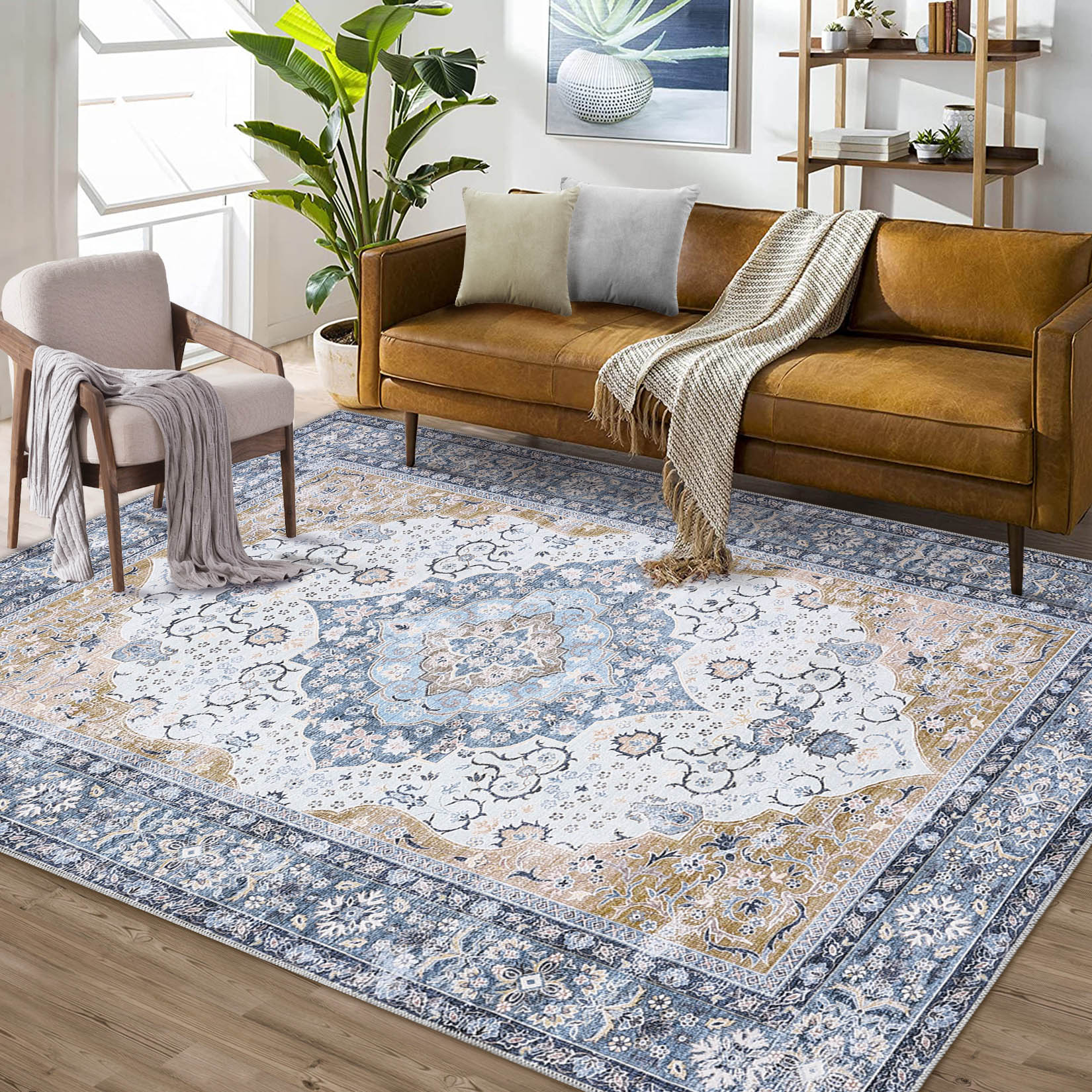 Garvee YXY-LO-PHO-0ZH2SYI4 8 x 10 (ft) Loomed Polyester Blue/Yellow Rectangular Indoor Floral/Botanical Persian Machine washable Area rug