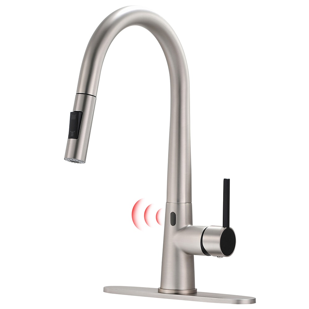 WELLFOR QJ-K-109433N Brushed Nickel Single Handle Deck-mount Touchless Pull-down Kitchen Faucet with Sprayer ( Deck Plate Included )