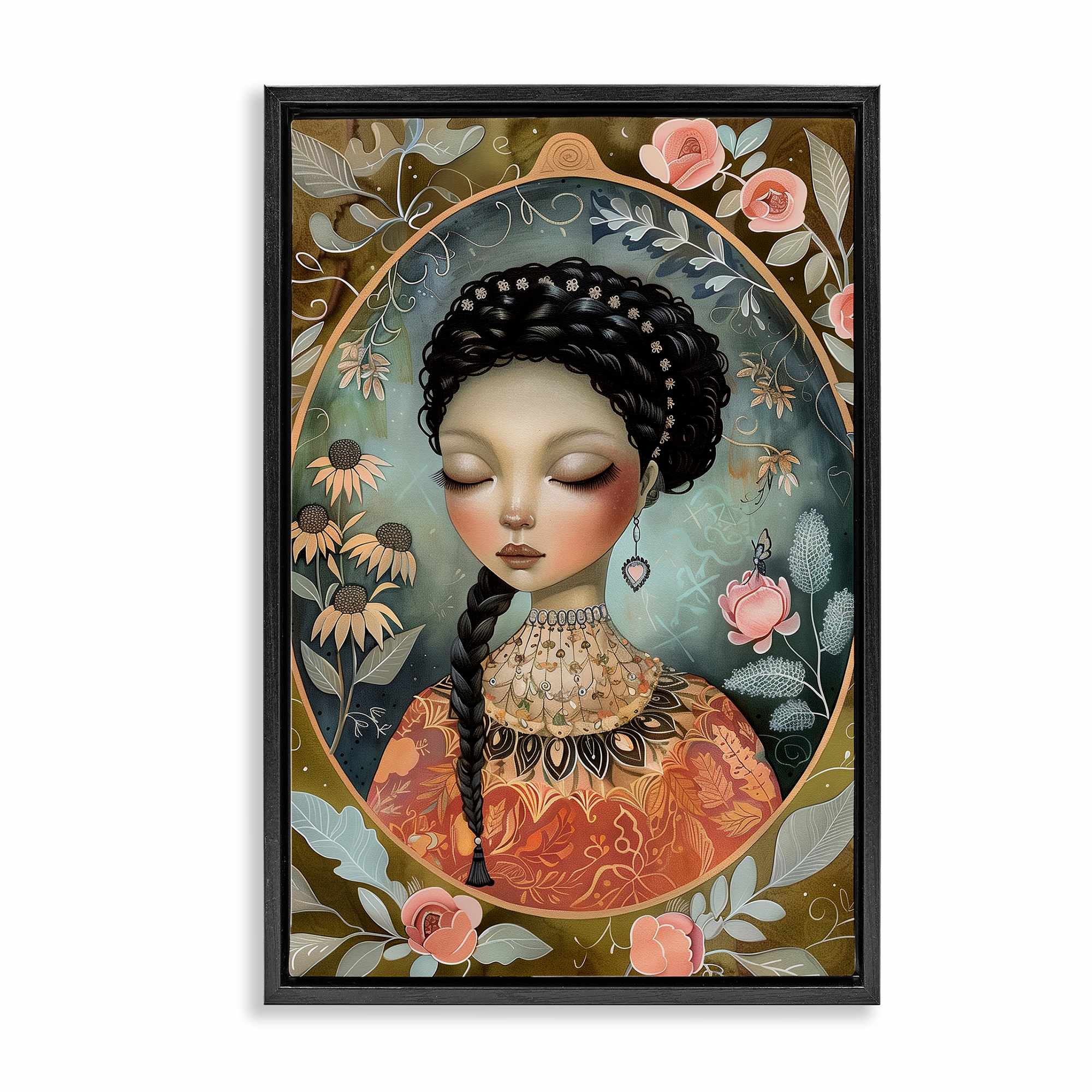 Stupell Industries BT-876-FFB-20X30 Floral Edged Portrait of Woman Black Framed Floater Canvas Wall Art By The Dutch Lady 21 x 31