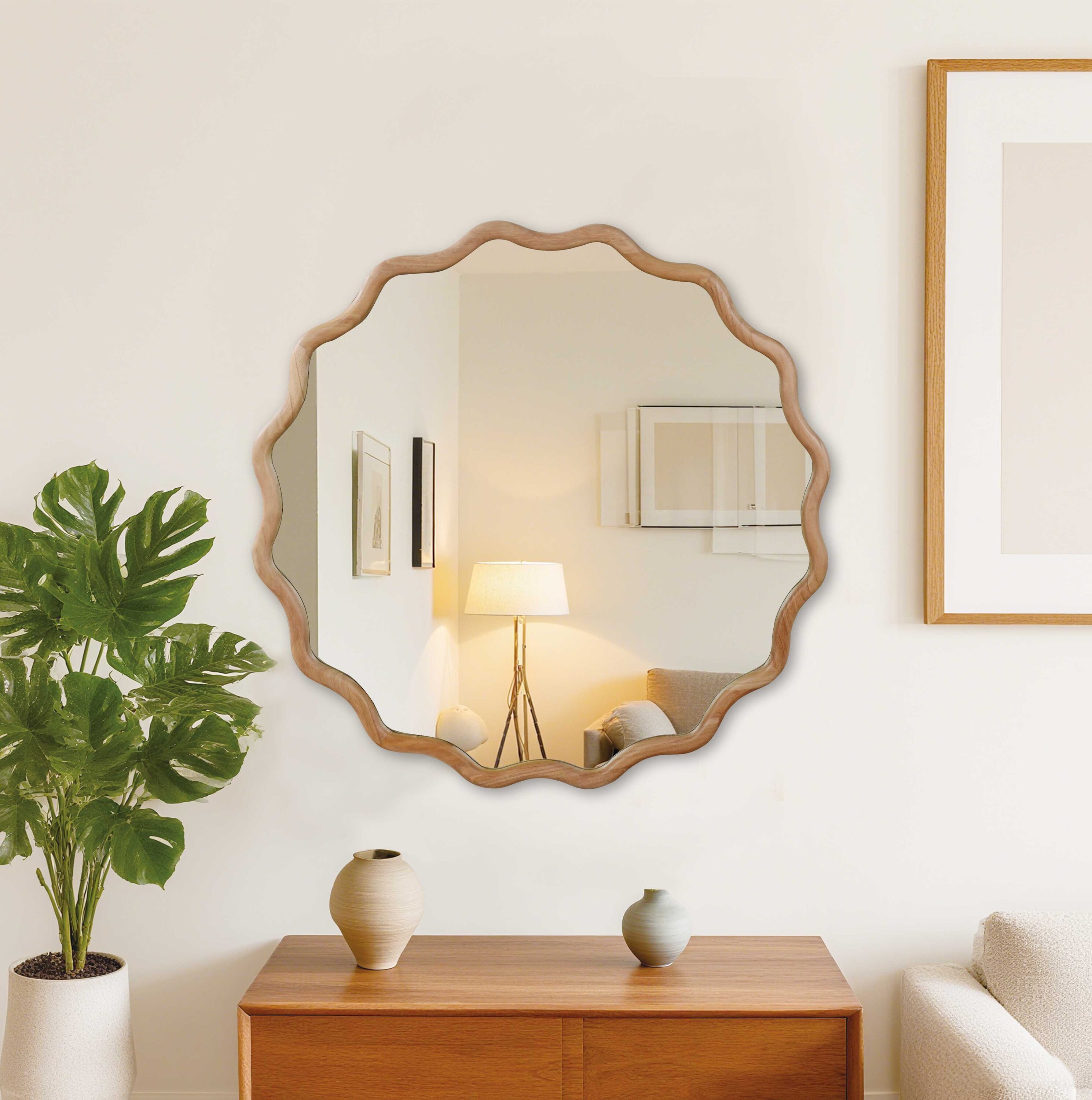 GDFStudio Linea 36 in. W x 36 in. H Luxury Modern Solid Wood Sculpted Wavy Edge Round Wall Decorative Mirror for Bathroom Bedroom Living Space with Distortion-Free Reflection and Organic Flow Design - Natural Wood Grain Finish