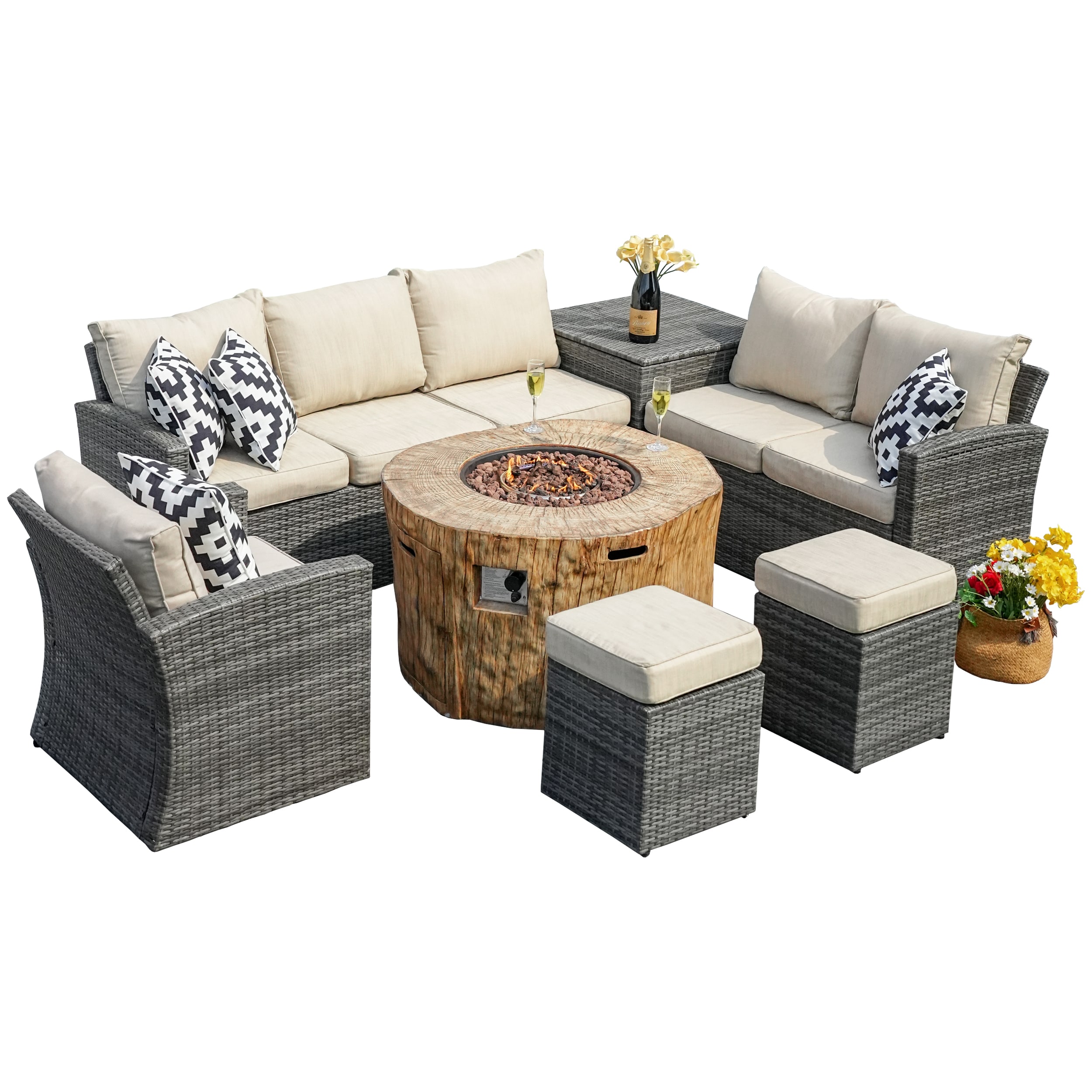 Moda Furnishings MAG-1403B-2180-G Estelle 7 -Piece Wicker Patio Sofa Conversation Set with Tan Cushions