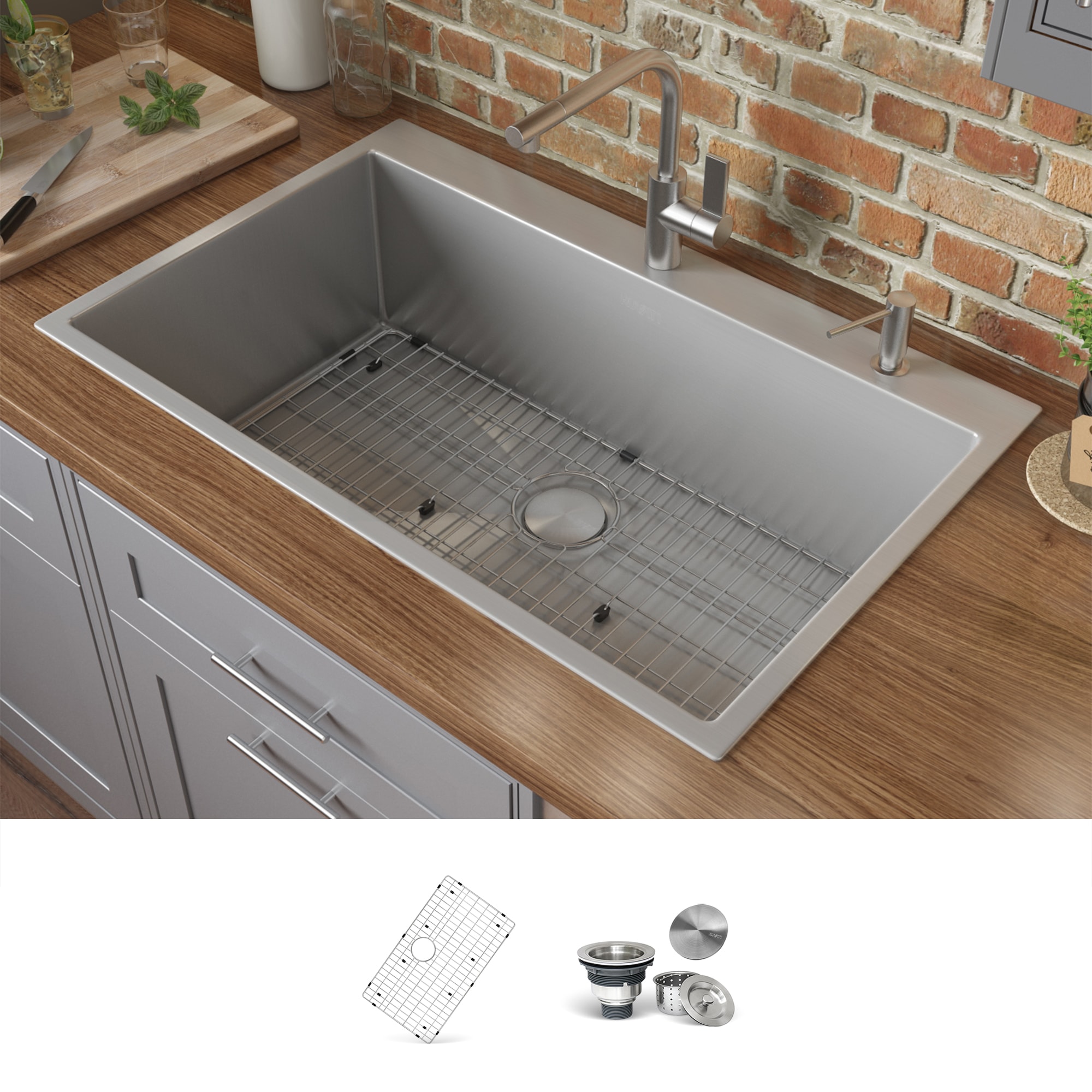 Ruvati RVH8009 Kitchen Sinks Drop-in 30-in x 22-in Stainless steel Single bowl 2-Hole 16 -Gauge Kitchen Sink