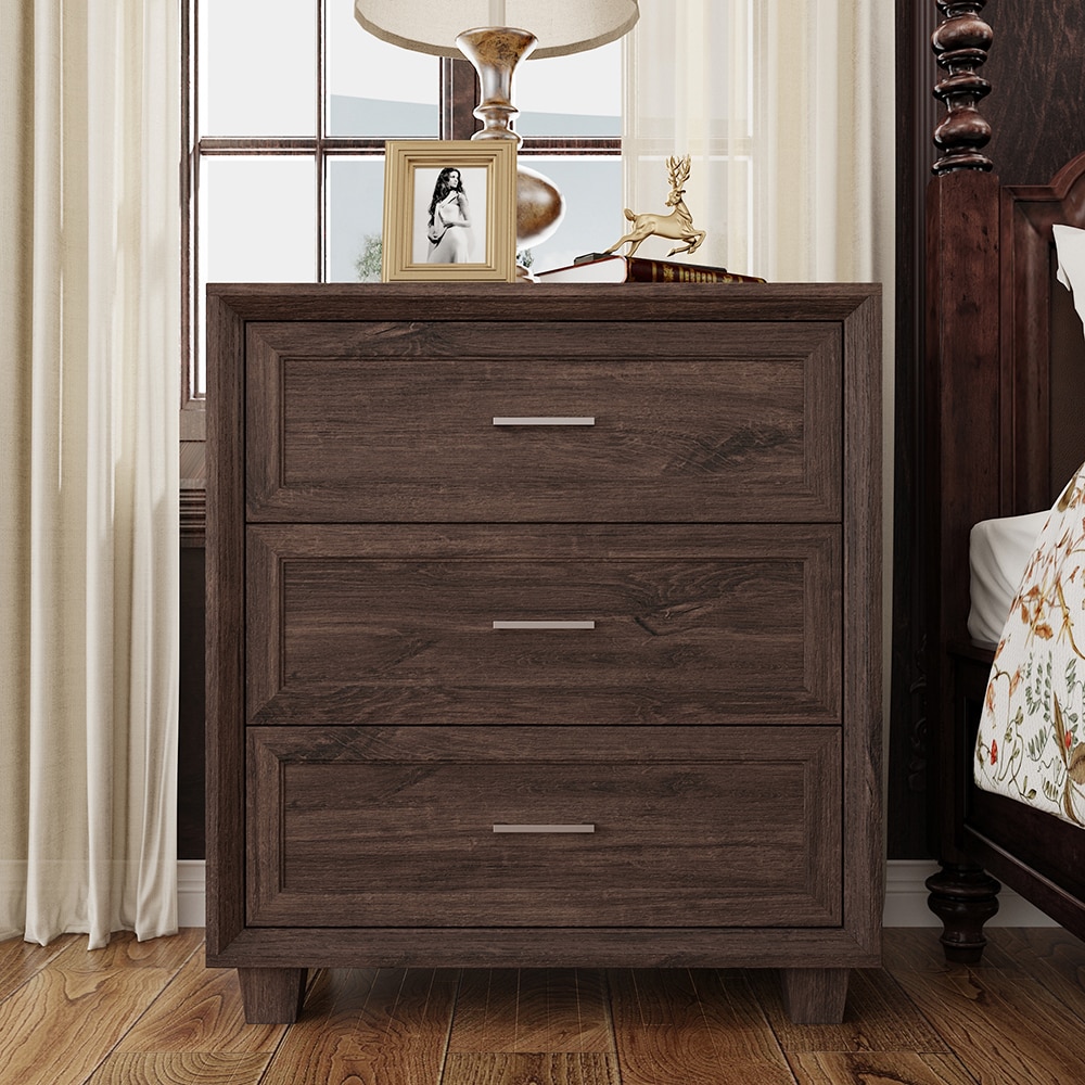 Homsee V-KF260177-02 Vintage Walnut Wood Grain 3-Drawer Nightstand with Angled Edges Faux-Thick Storage Cabinet with Solid Wood Legs and Metal Handles 31.4''L x 15.7''W x 34.4''H