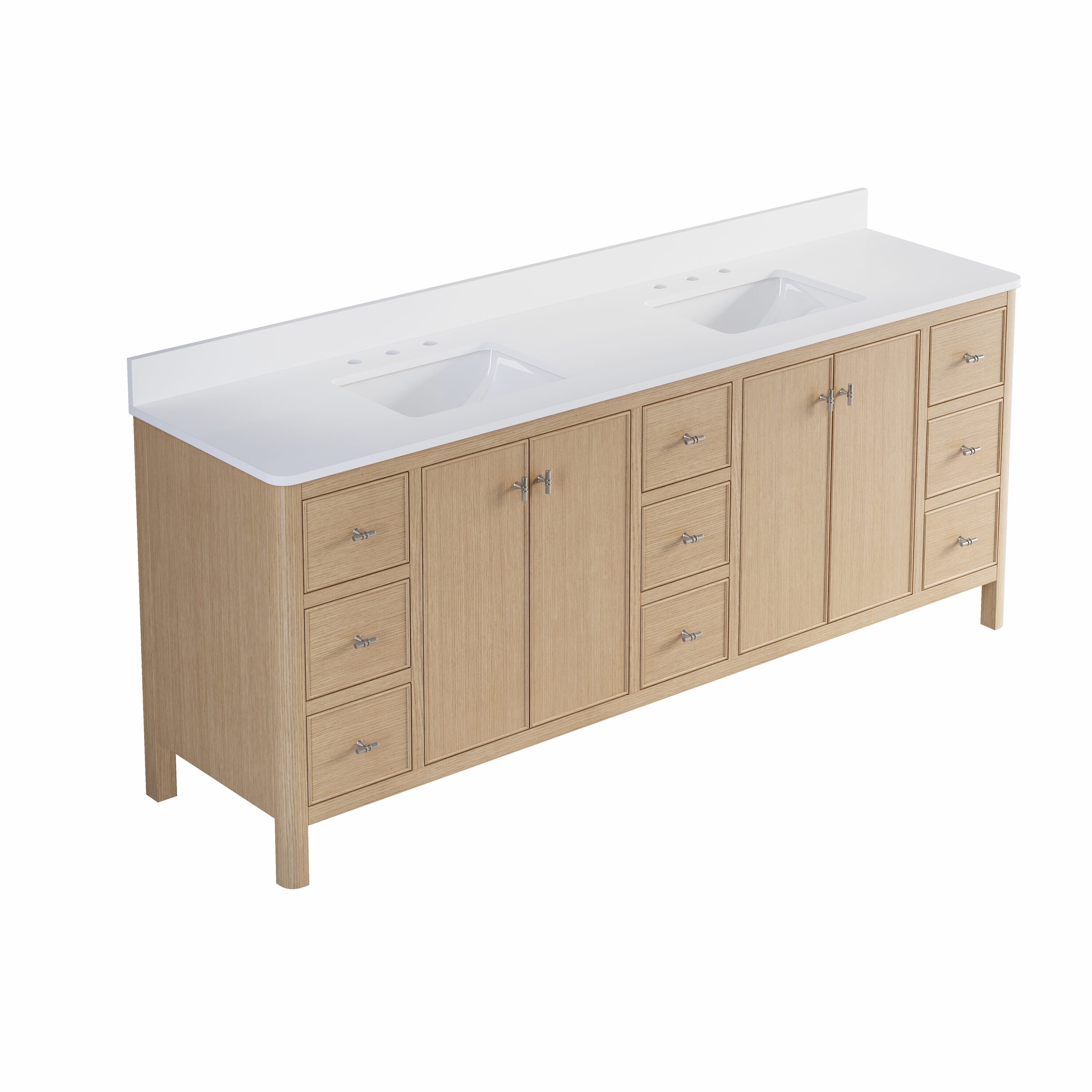 Forclover CLORIN Solid Wood 84-in OAK Undermount Double Sink Bathroom Vanity with White Quartz Top (Fully Assembled)