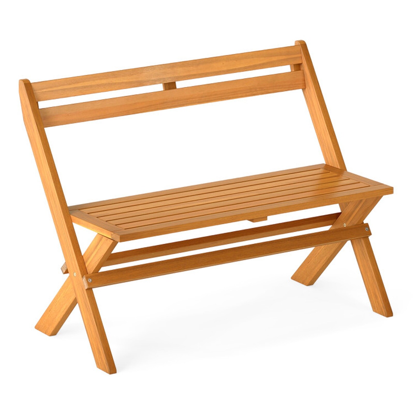 SUGIFT - Natural 42-in 2-Person Acacia Wood Folding Patio Garden Bench with 105-Degree Reclined B...