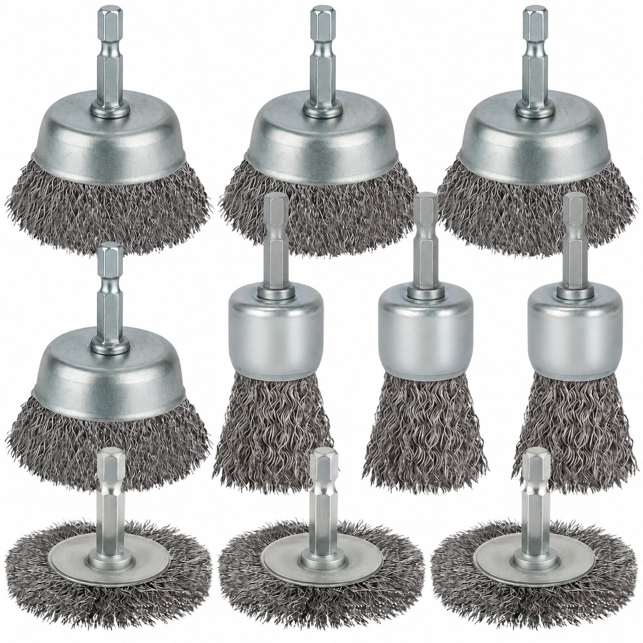 Etokfoks  10 Pcs Wire Brush Kit for Drill Carbon Steel Crimped Wheel and Cup Brushes 1 4 Inch Hex Shank for Rust Removal