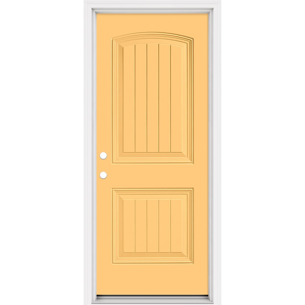 Masonite 321176 Steel Doors Series 32-in x 80-in x 4-9/16-in Steel No glass Right-hand inswing Cabana Yellow Painted Prehung Front Door with Brickmould Insulating core