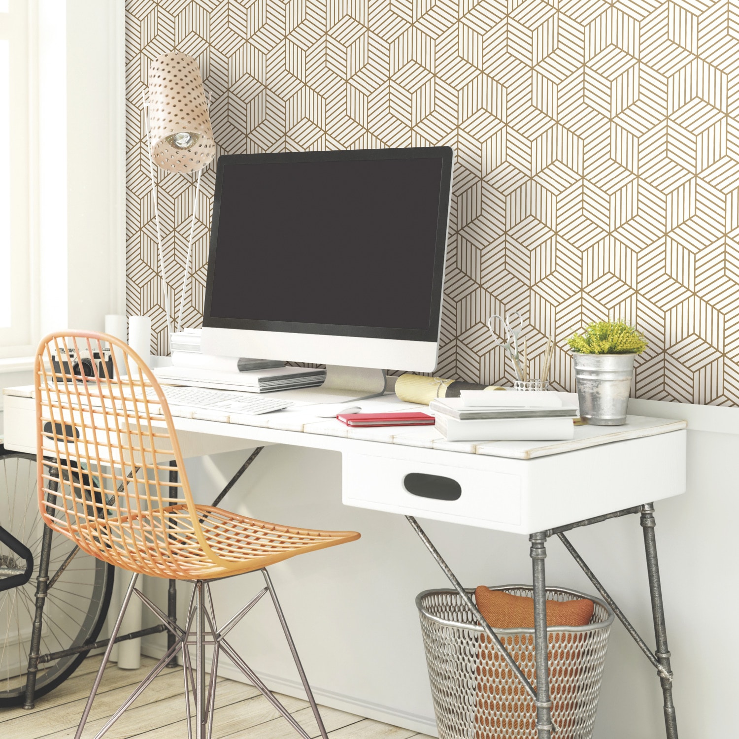 White and Gold Geometric Vinyl Peel and Stick Wallpaper Roll